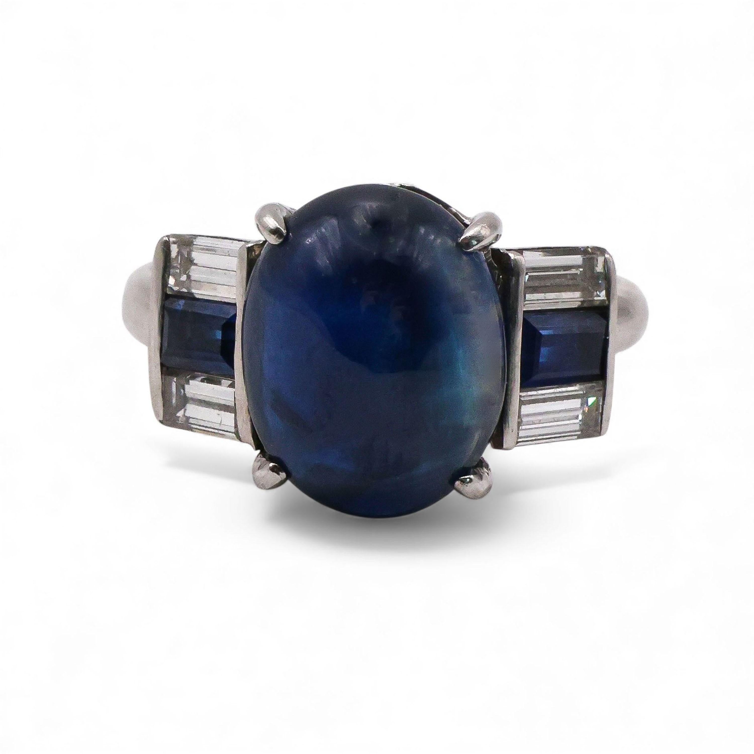 Art Deco Style Cabochon Sapphire, Diamond and Platinum Ring