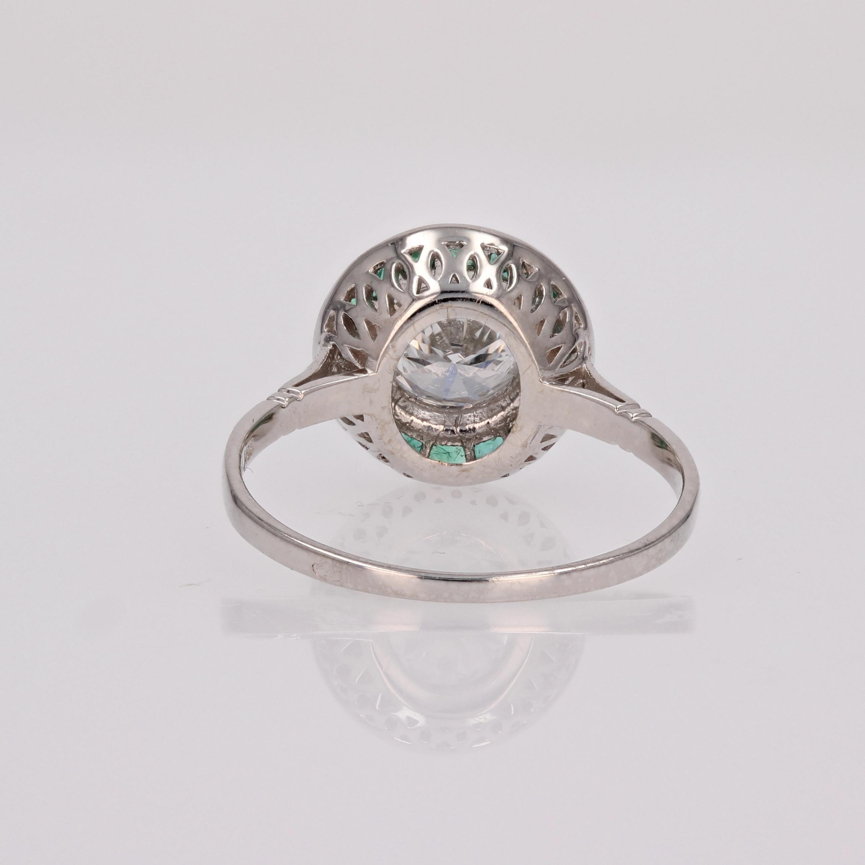 Art Deco Style Calibrated Emerald D.VVS2 Diamonds 18 Karat White Gold Ring For Sale 9