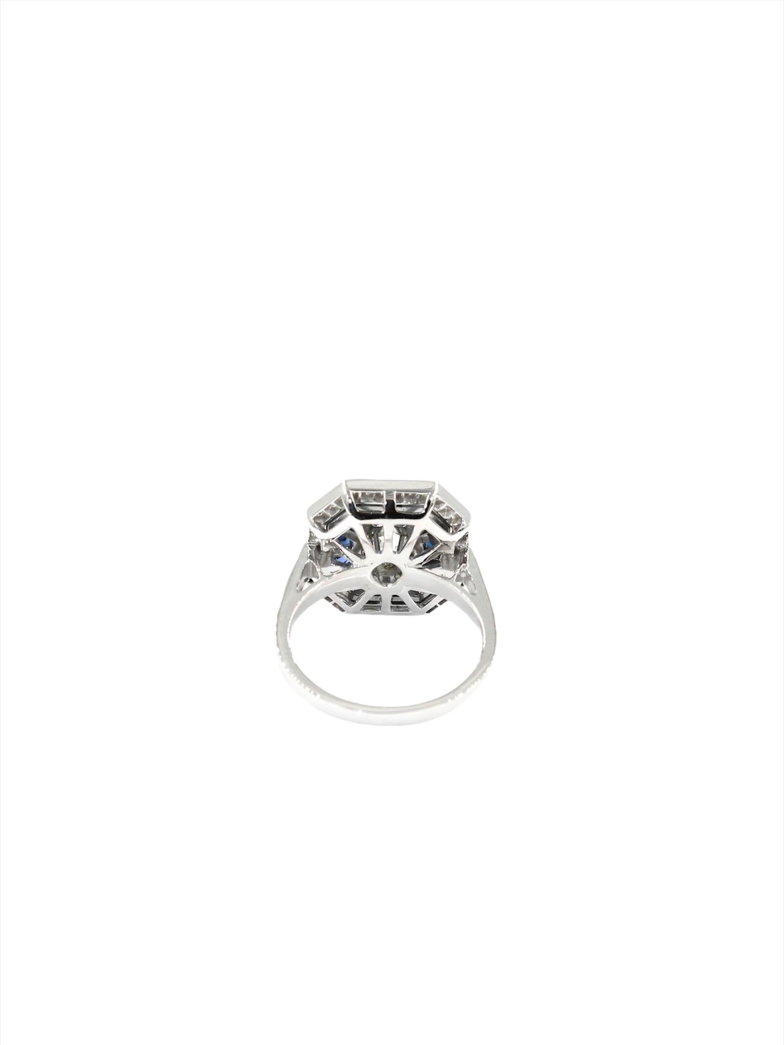 Art-Déco-Ring mit Kaliber-Saphiren und 1,38 Karat Diamanten im alten Minenstil im Zustand „Neu“ in Uccle, BE