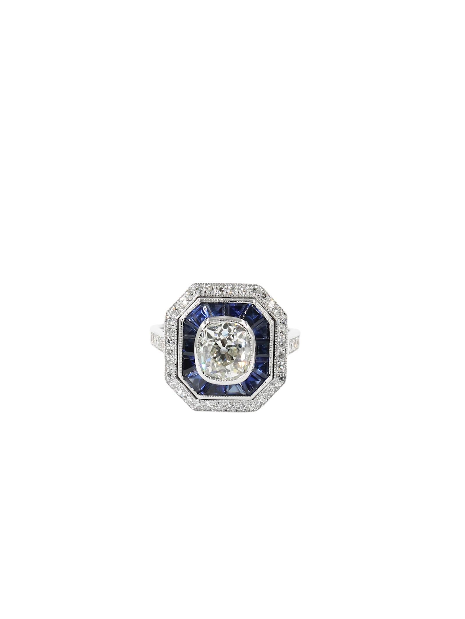 Women's or Men's Art Deco Style Calibrated Sapphires and 1.38 Carats Old Mine Diamond Ring For Sale
