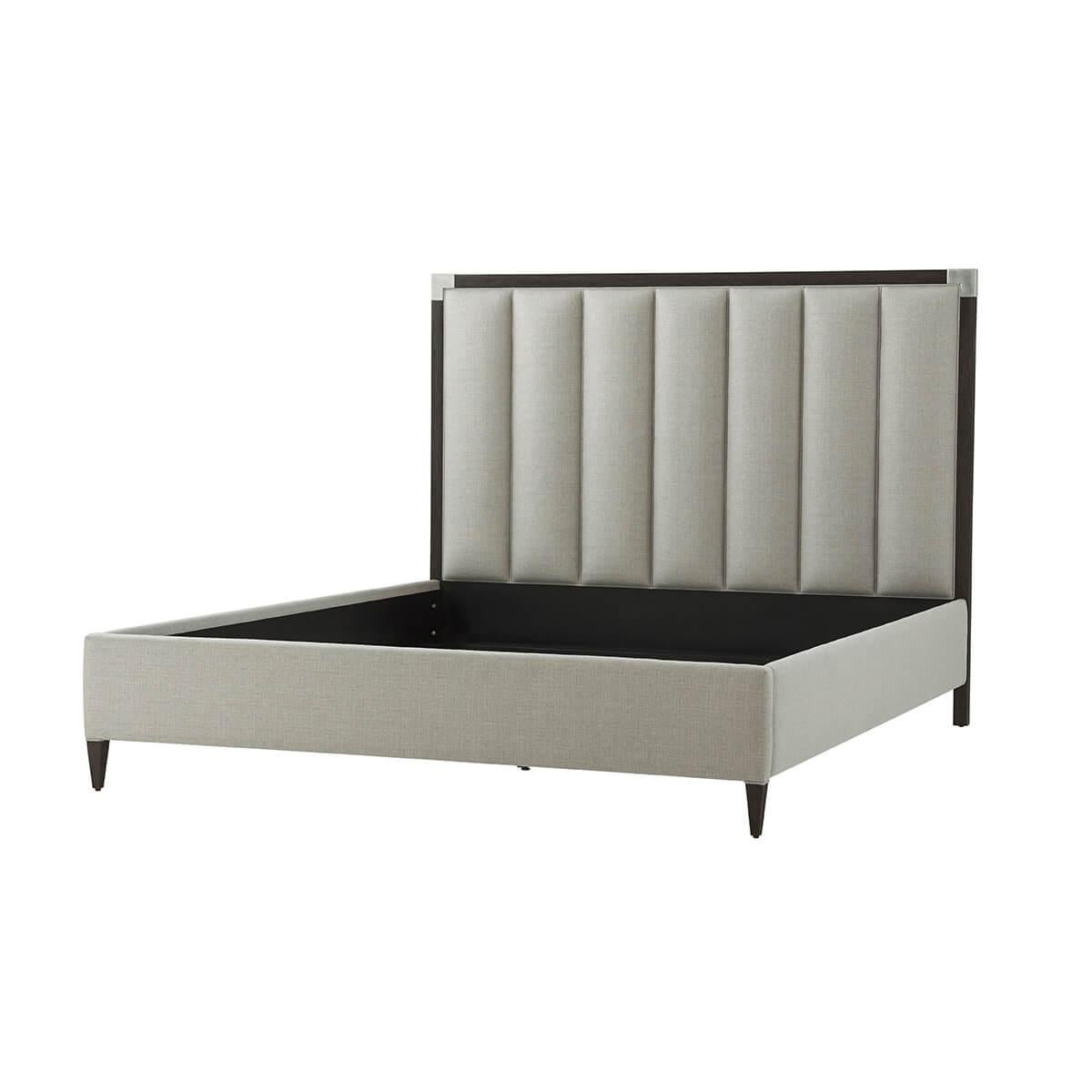 With our Anise finish frame and brushed Nickel finish corner mounts with a vertically channeled upholstered headboard, upholstered rails and raised on tapered legs.

Dimensions: 76.25