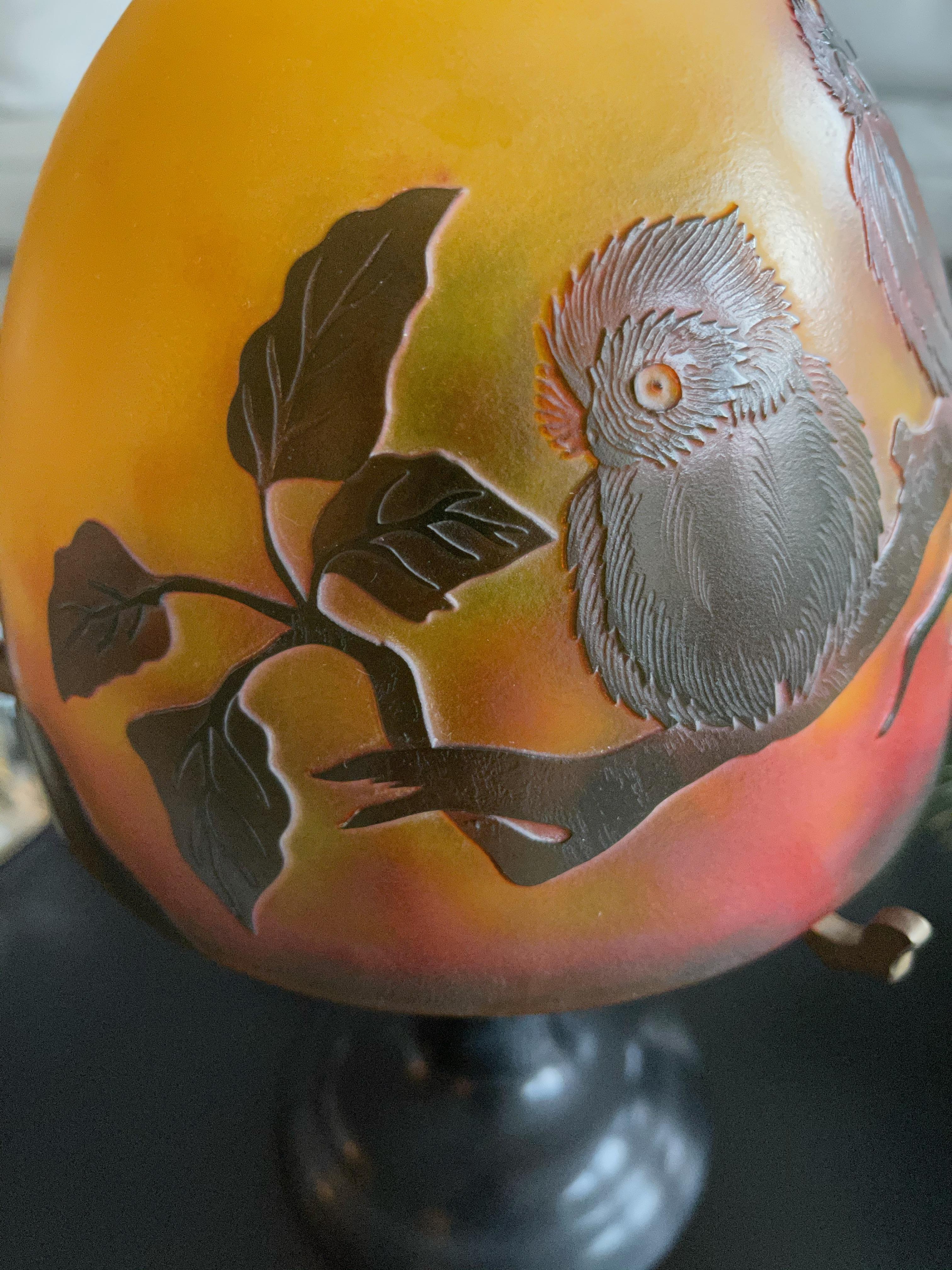 Hand-Crafted Art Deco Style Cameo Glass Table or Desk Lamp with A Family of Owl Sculptures