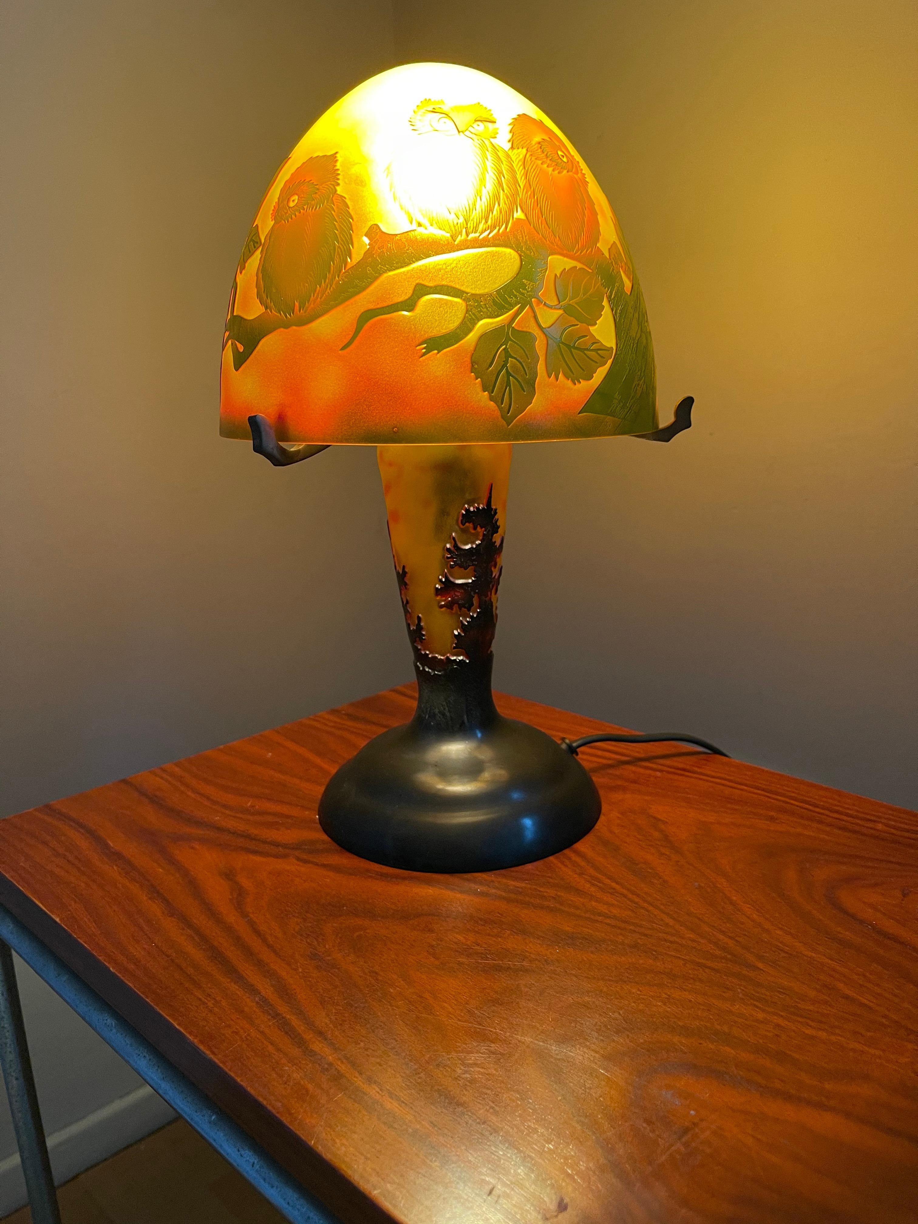 20th Century Art Deco Style Cameo Glass Table or Desk Lamp with A Family of Owl Sculptures