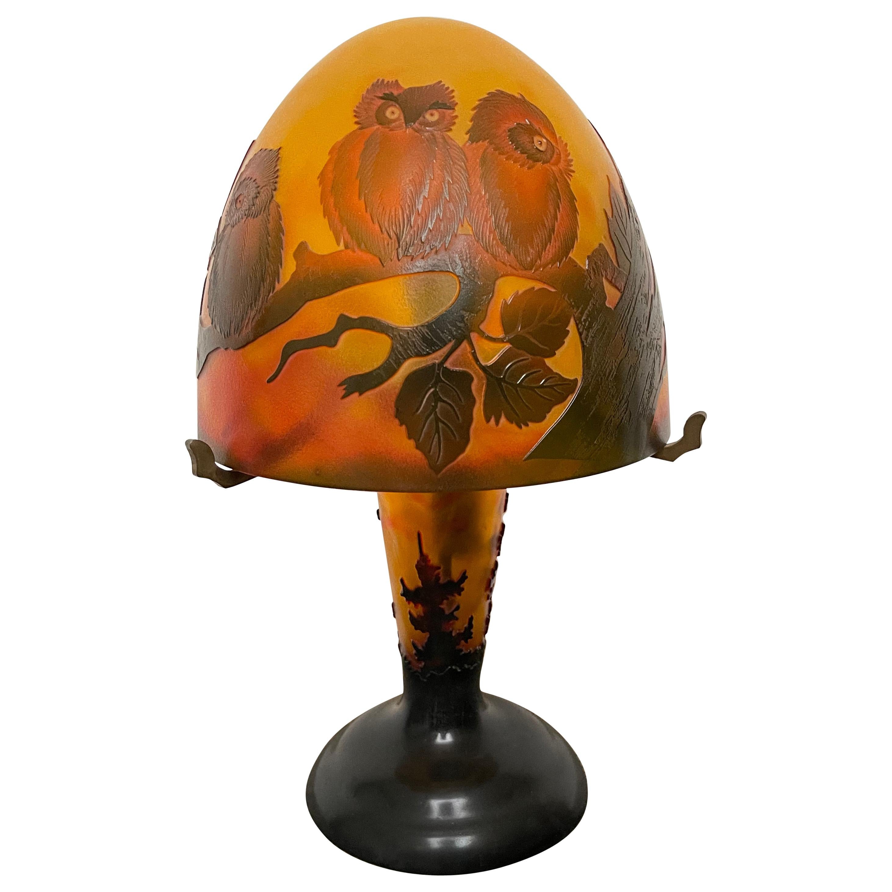 Art Deco Style Cameo Glass Table or Desk Lamp with A Family of Owl Sculptures
