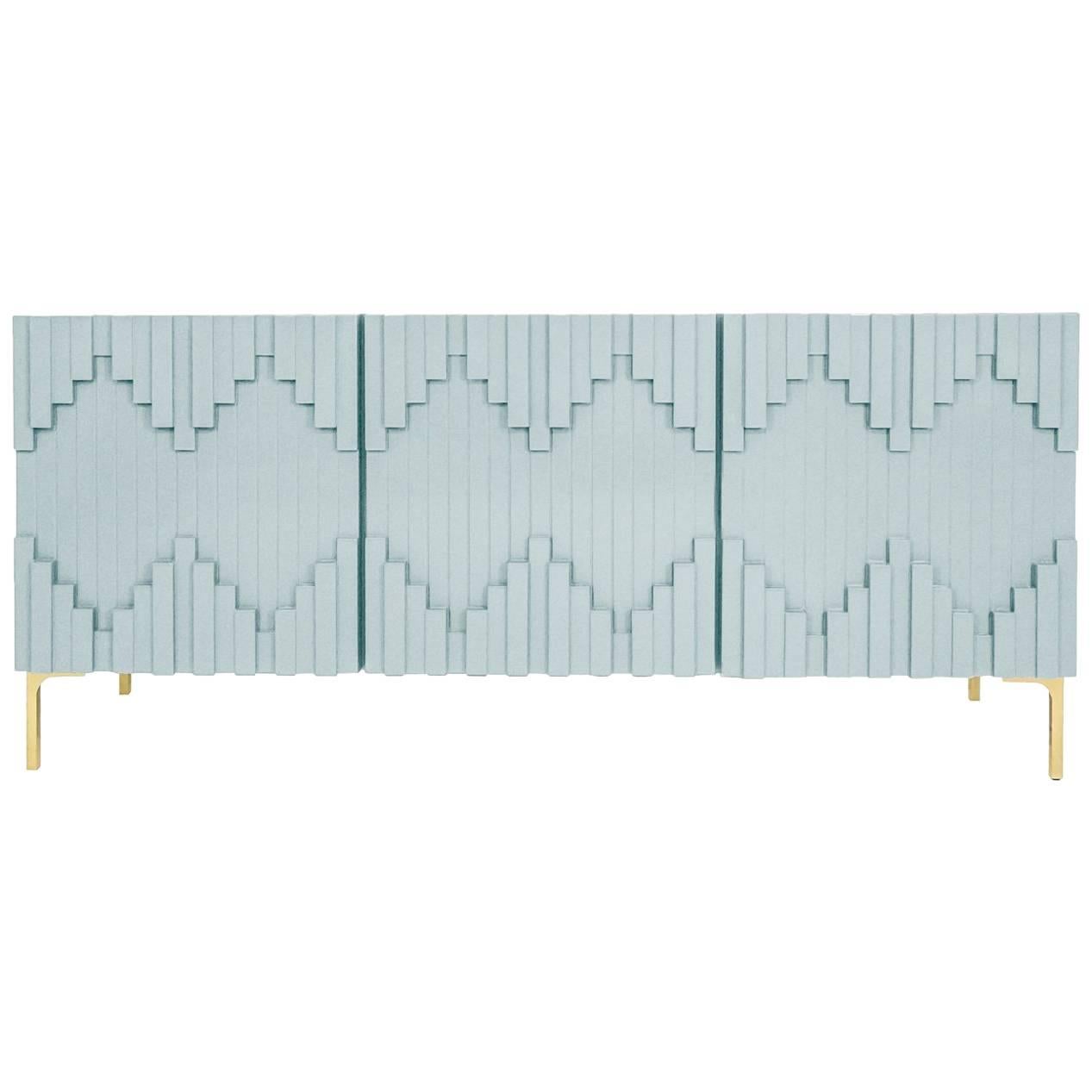 Art Deco Style Capri Blue Three-Door Credenza with Geometric Detail & Brass Legs For Sale