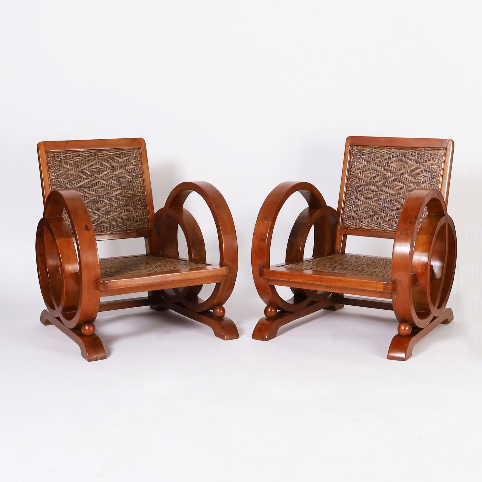 British Colonial Art Deco Style Caribbean Three Piece Settee and Two Chair Suite of Furniture For Sale