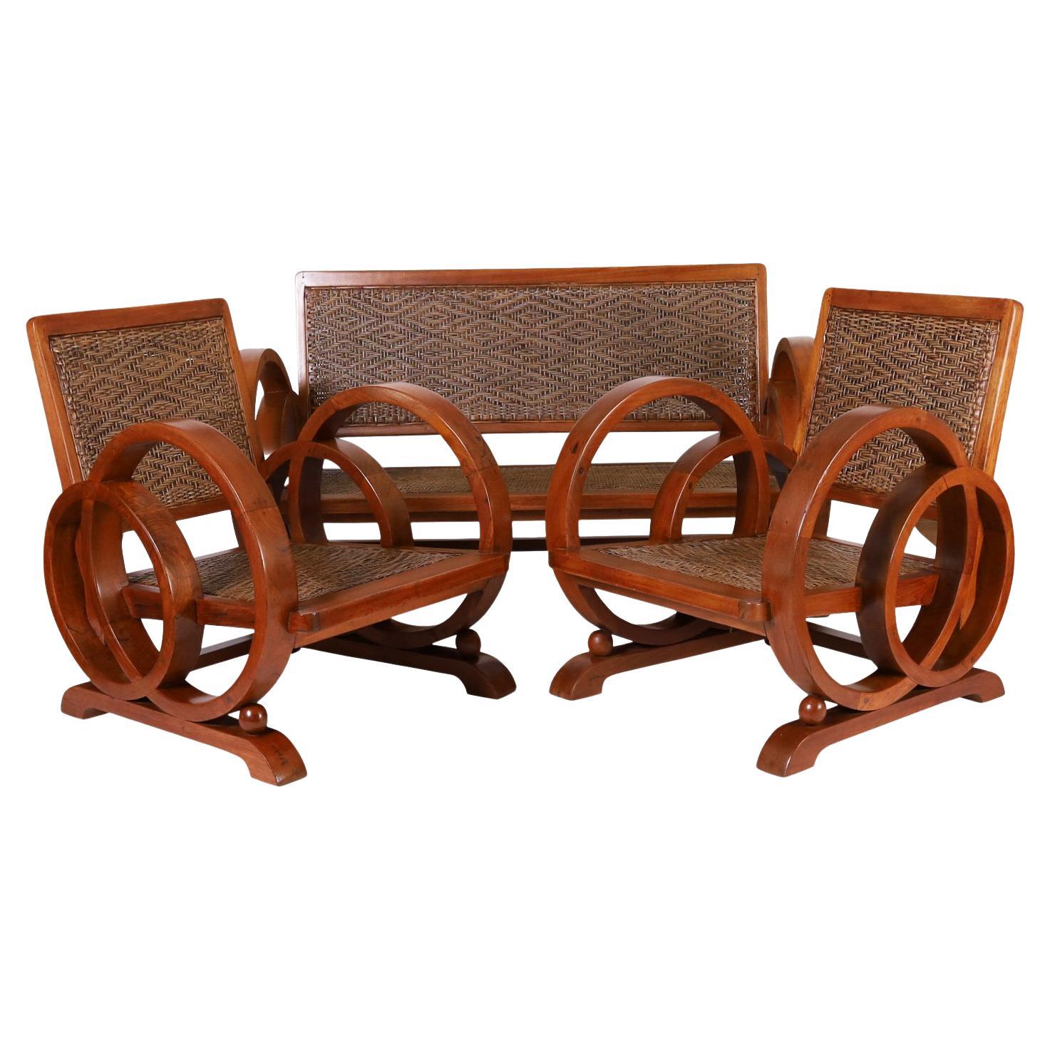 Art Deco Style Caribbean Three Piece Settee and Two Chair Suite of Furniture For Sale