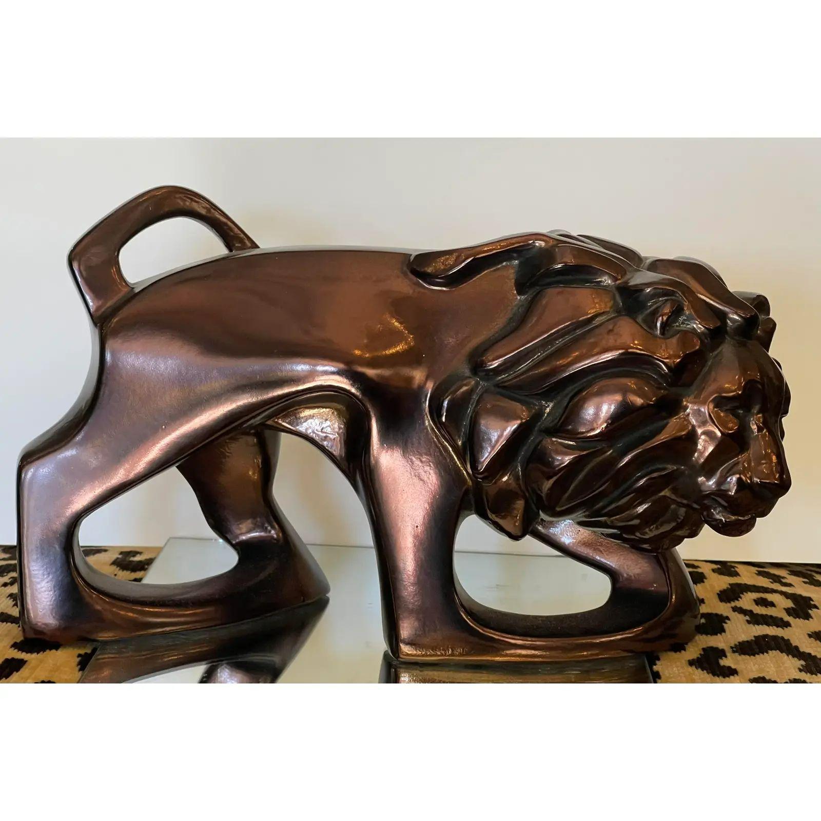 Art Deco Style Carl Schultz Luster Pottery Lion Sculpture, 1970s 1
