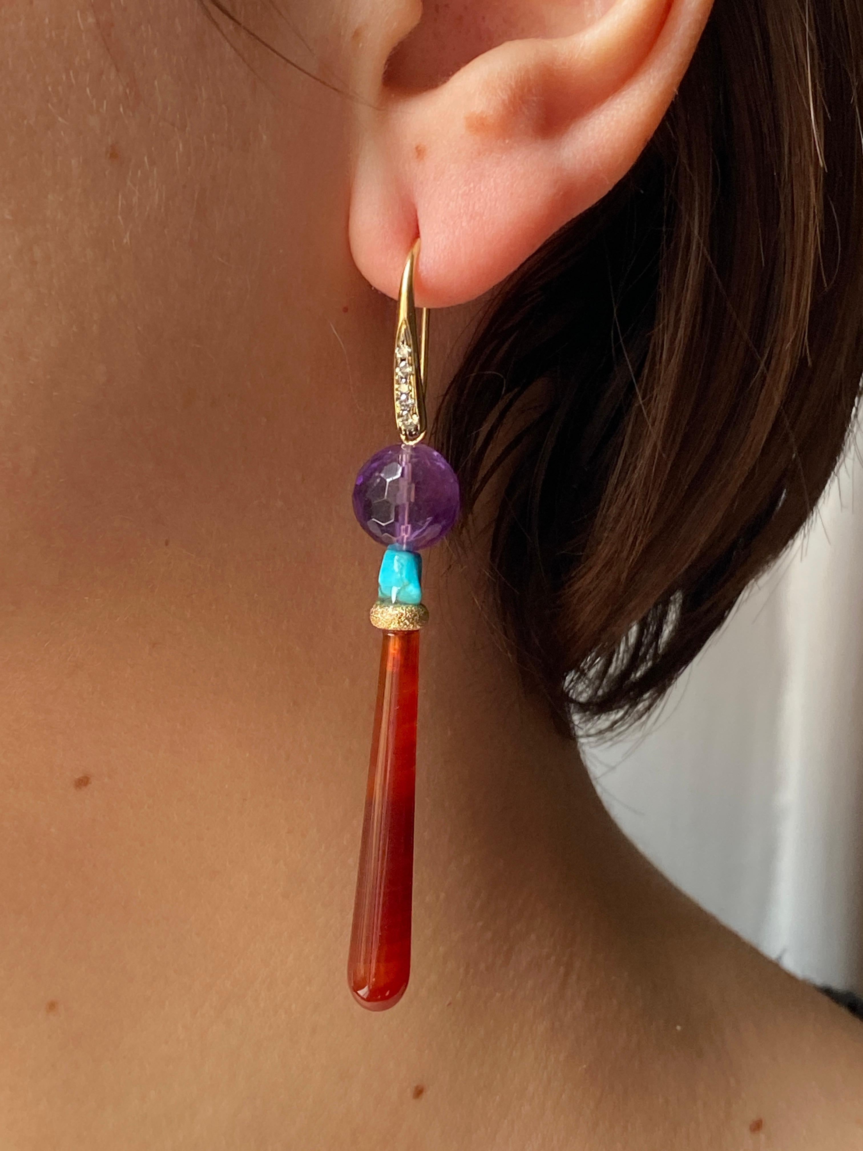 Art Deco Stil Karneol Amethyst Weiße Diamanten 18K Gelbgold Ohrring baumeln im Angebot 7