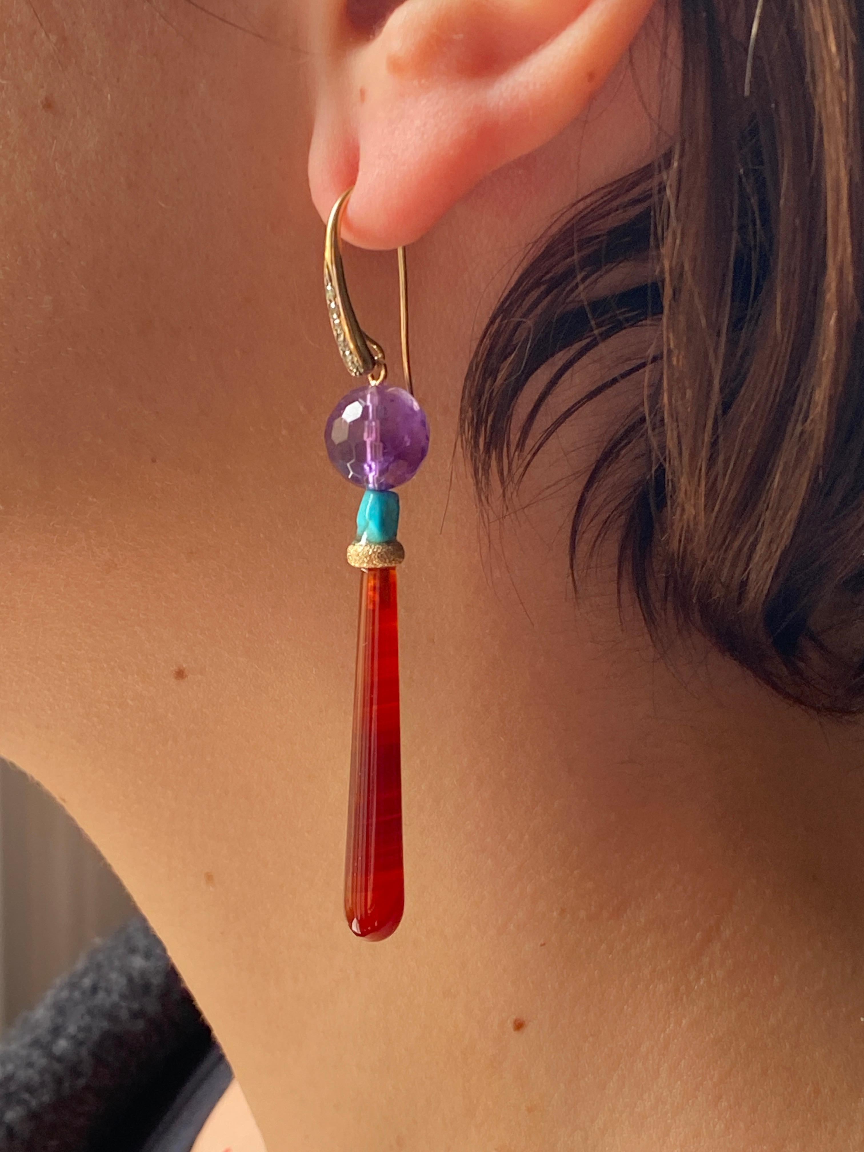 Art Deco Stil Karneol Amethyst Weiße Diamanten 18K Gelbgold Ohrring baumeln im Angebot 8