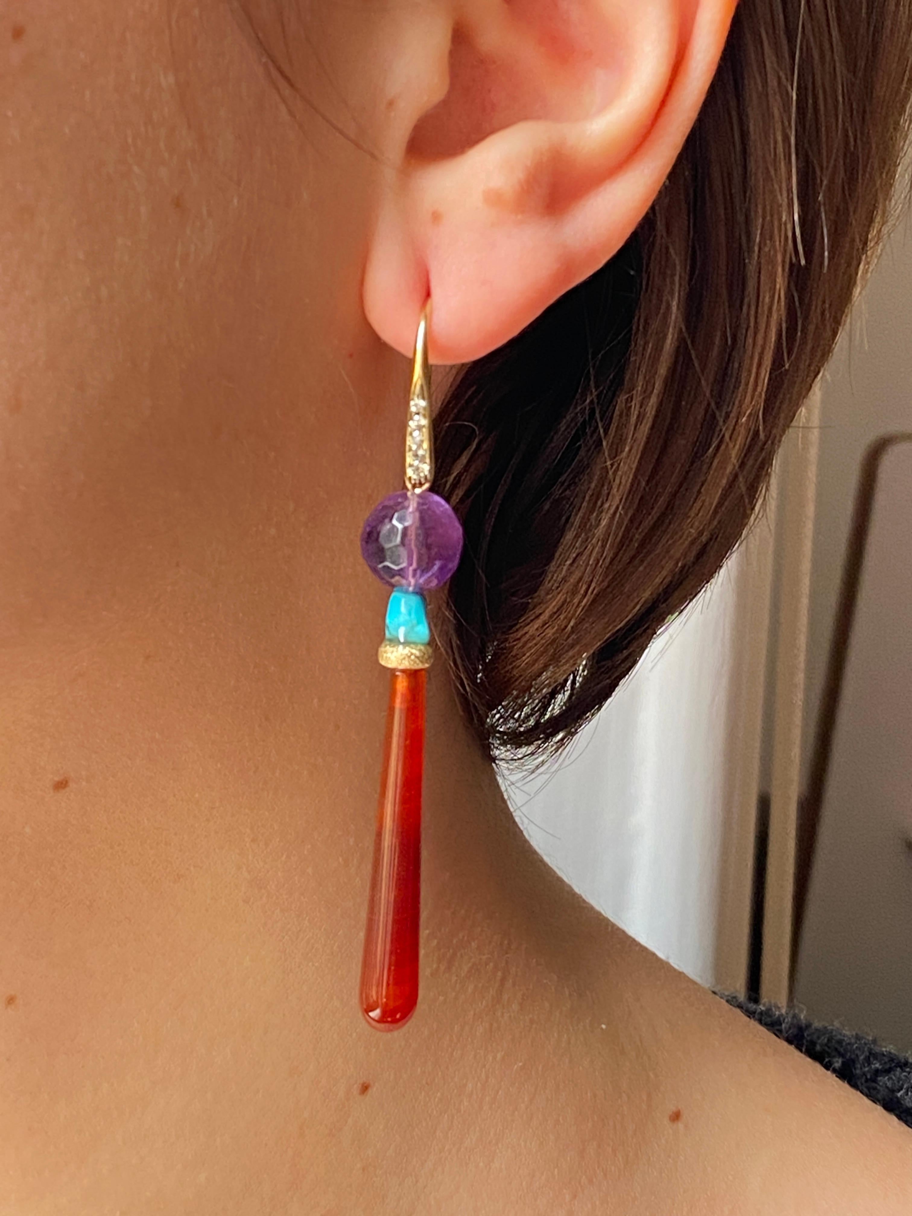 Art Deco Stil Karneol Amethyst Weiße Diamanten 18K Gelbgold Ohrring baumeln im Angebot 9