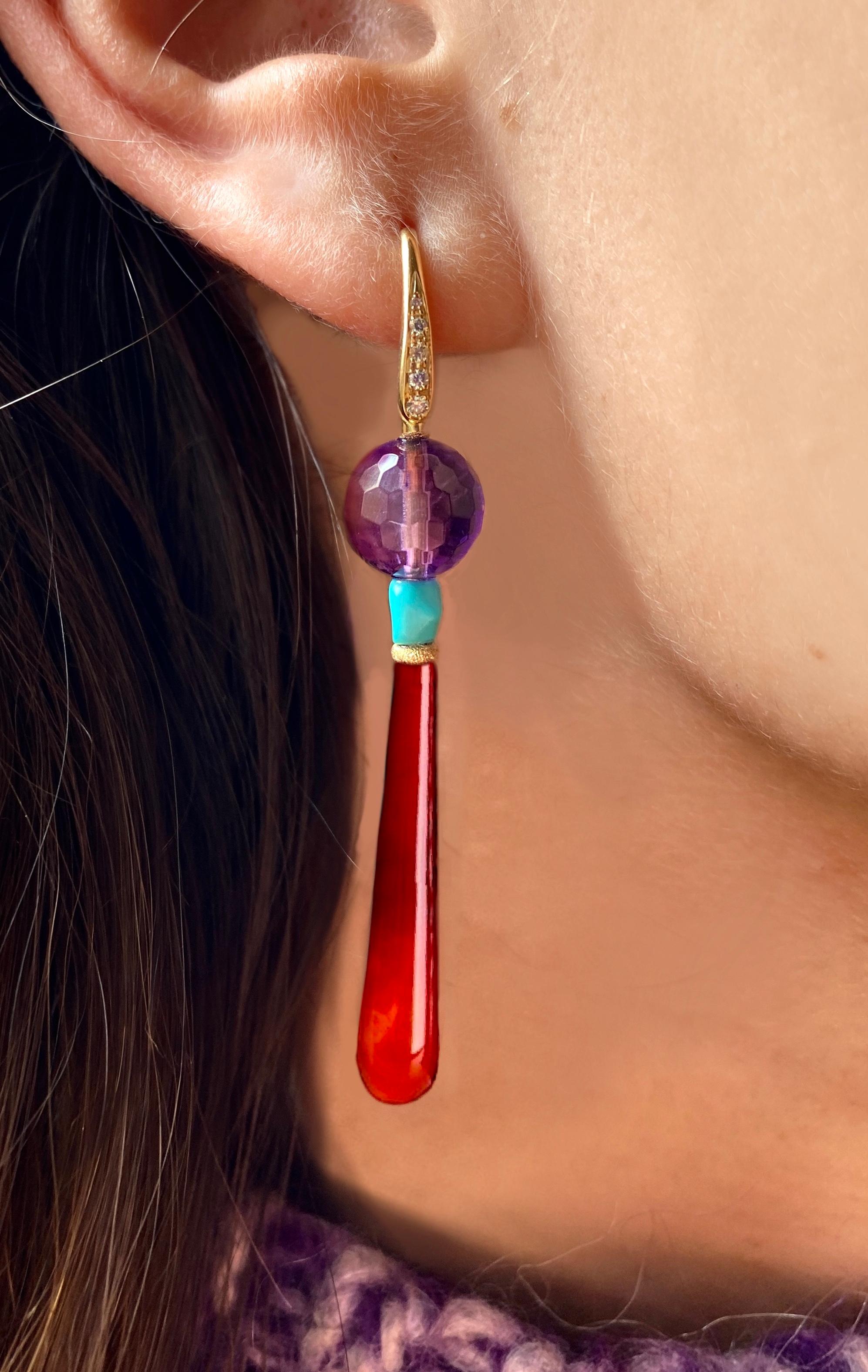 Art Deco Stil Karneol Amethyst Weiße Diamanten 18K Gelbgold Ohrring baumeln Damen im Angebot