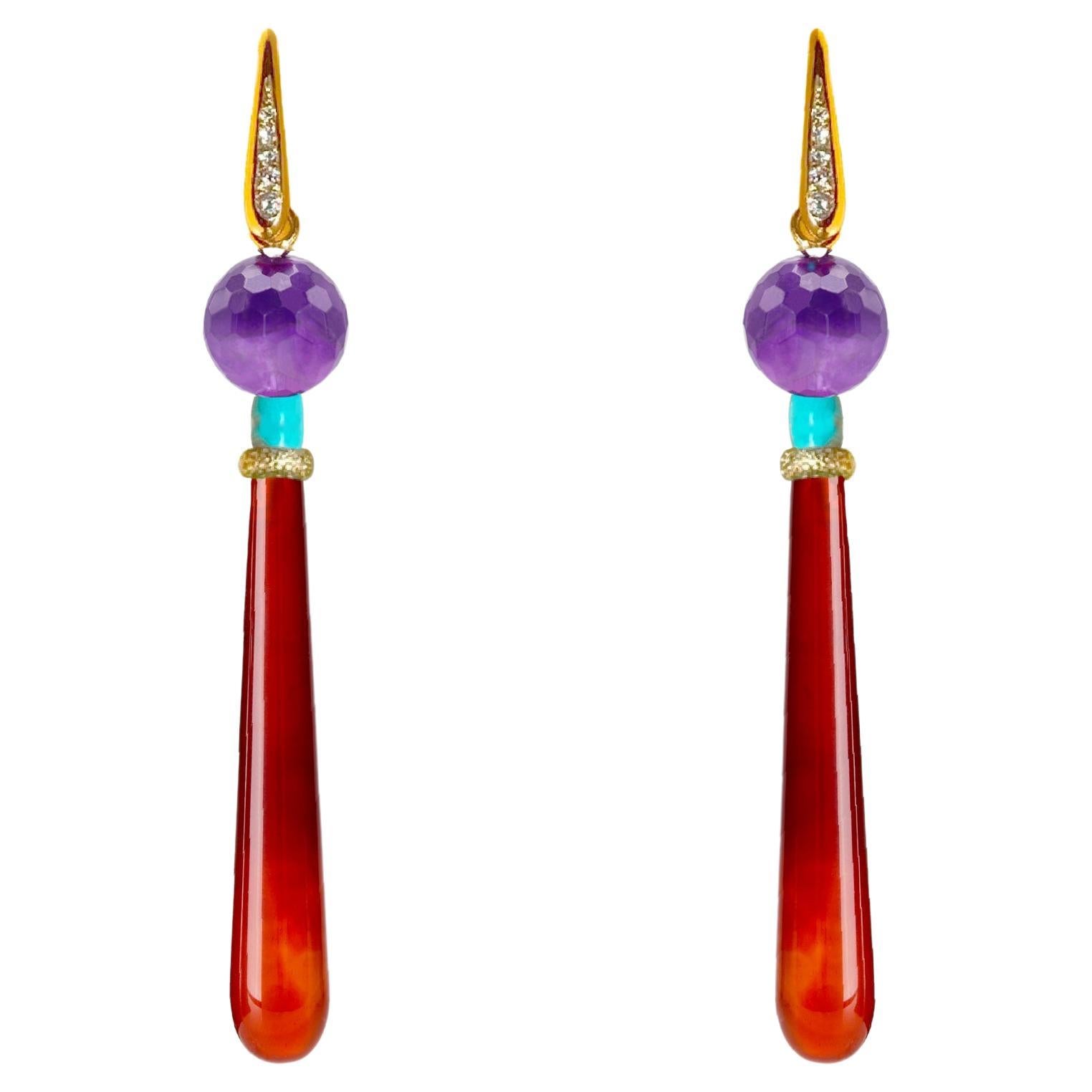 Art Deco Stil Karneol Amethyst Weiße Diamanten 18K Gelbgold Ohrring baumeln