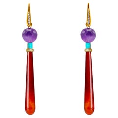 Art Deco Stil Karneol Amethyst Weiße Diamanten 18K Gelbgold Ohrring baumeln