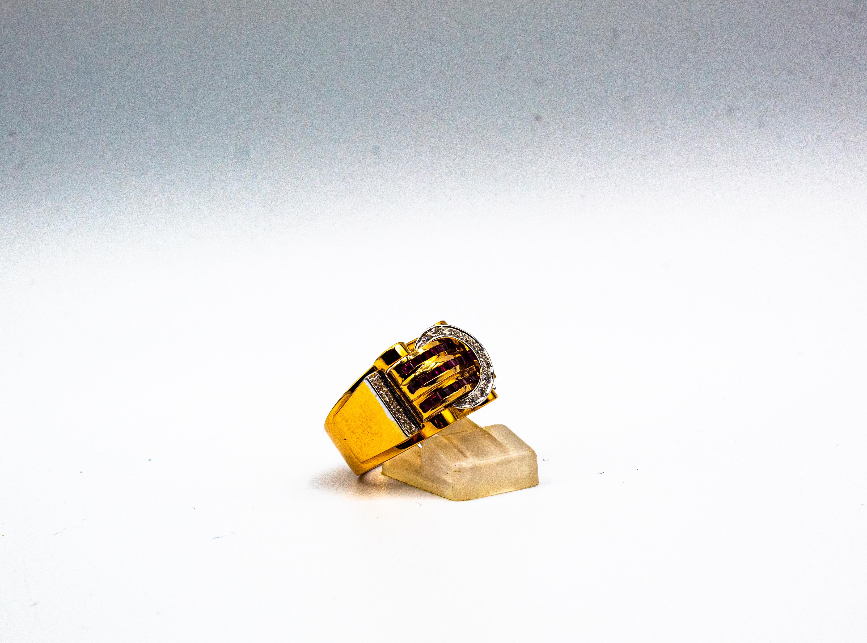 Art Deco Style Carre Cut Ruby White Diamond Yellow Gold 