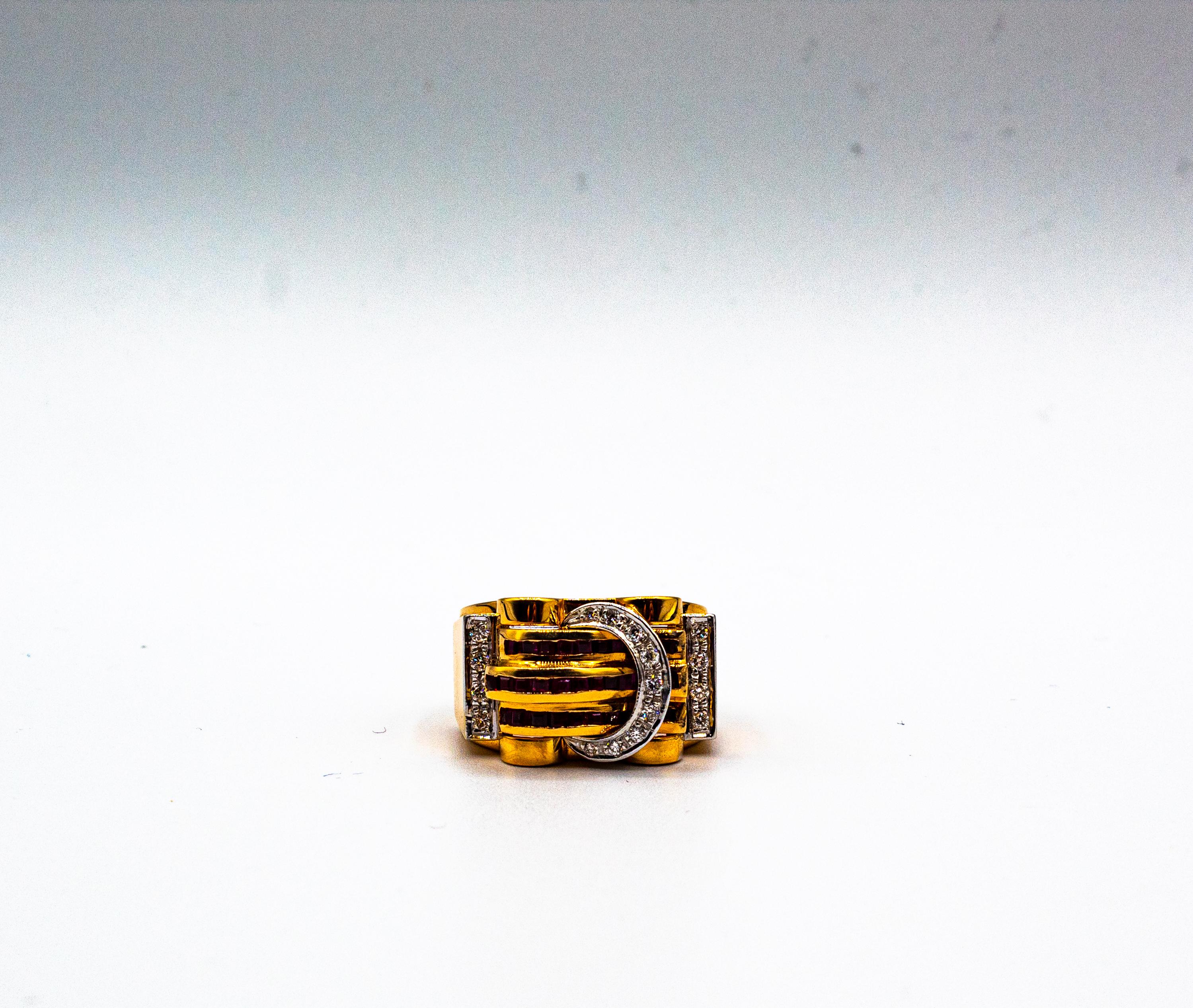 Art Deco Style Carre Cut Ruby White Diamond Yellow Gold 