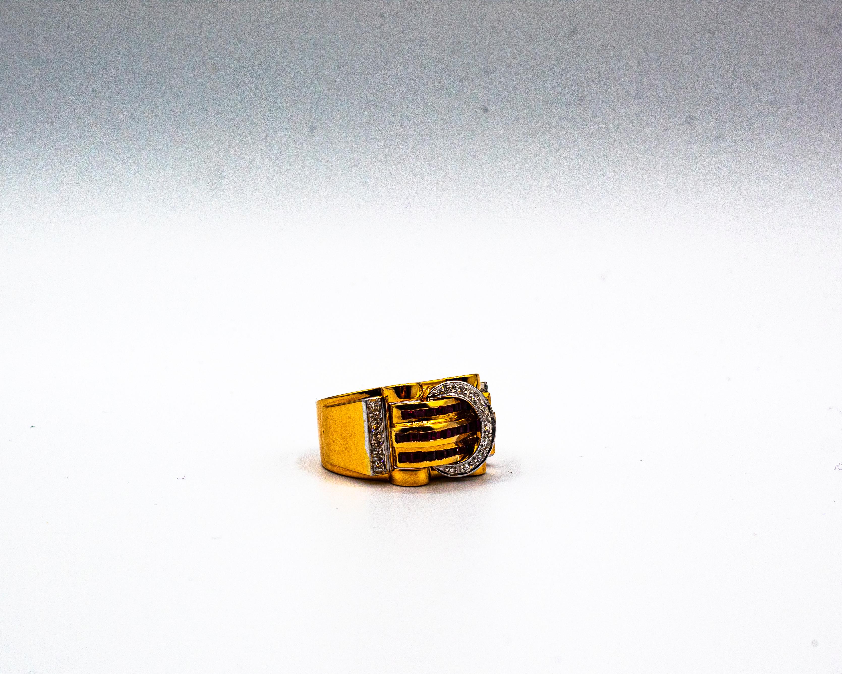 Art Deco Style Carre Cut Ruby White Diamond Yellow Gold 