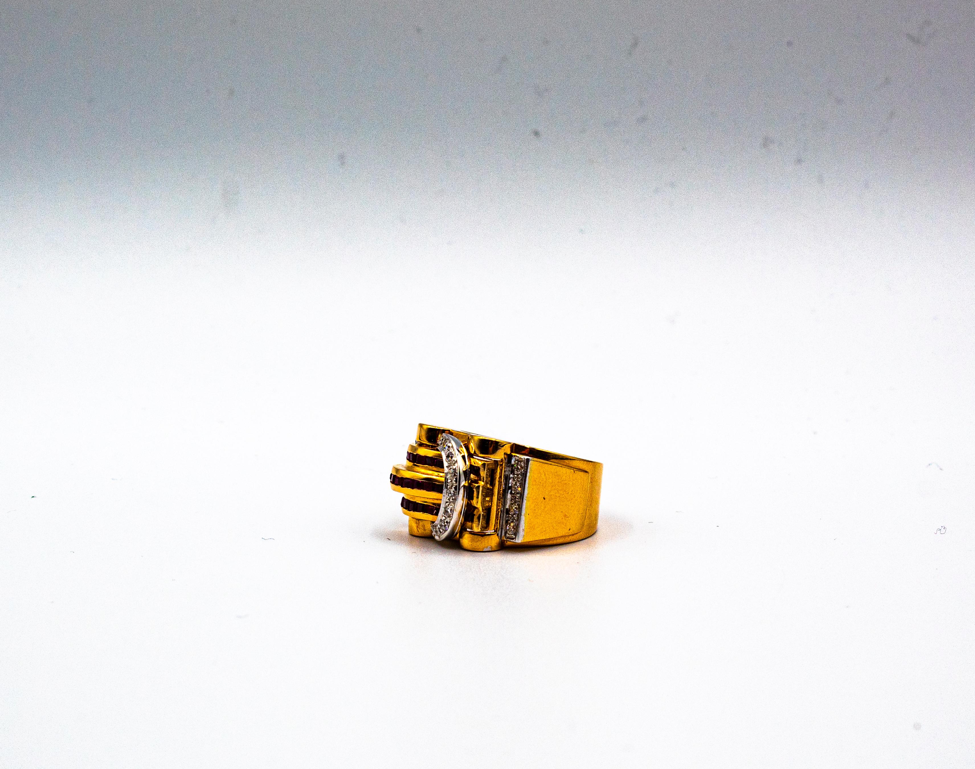 Art Deco Style Carre Cut Ruby White Diamond Yellow Gold 