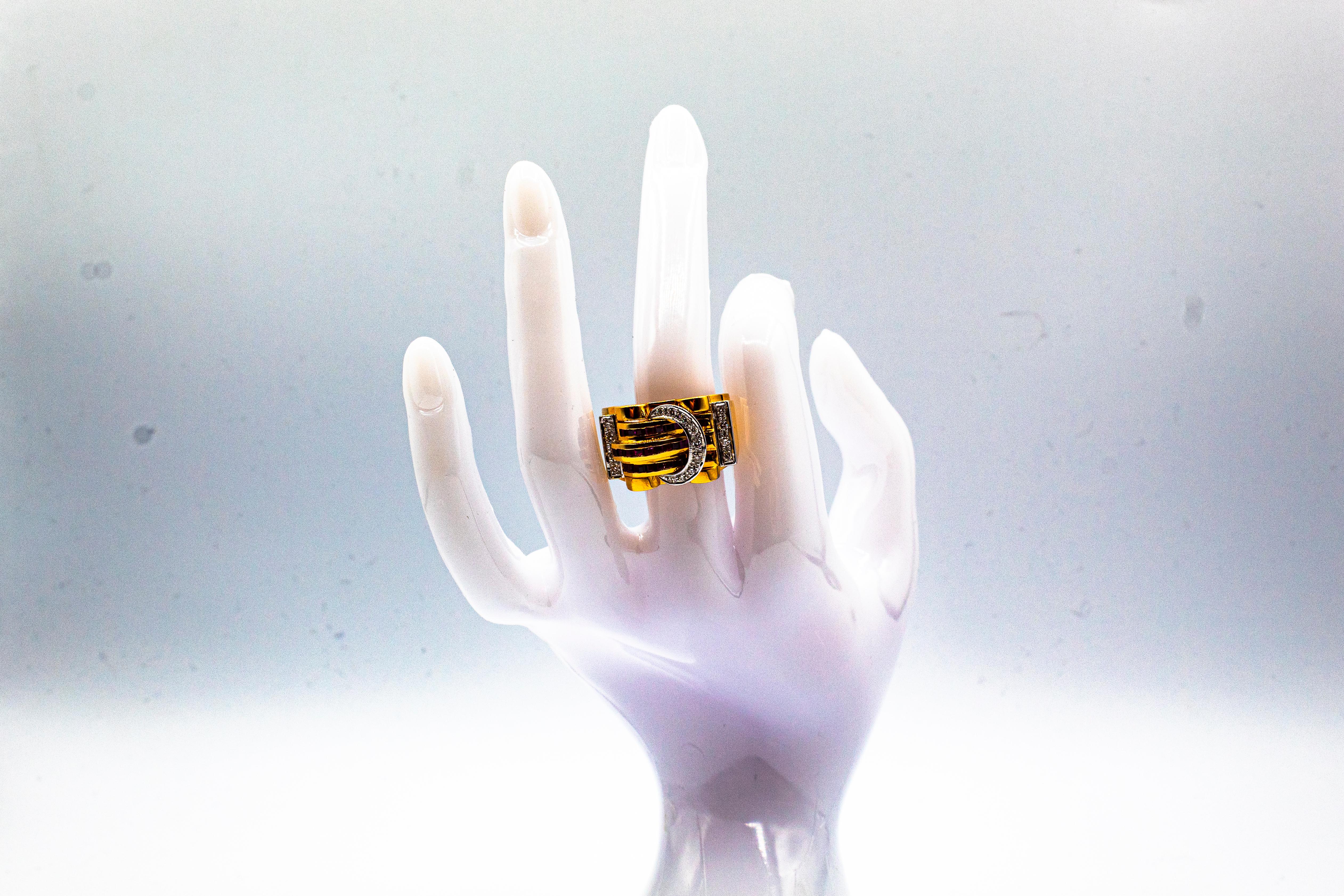 Art Deco Style Carre Cut Ruby White Diamond Yellow Gold 