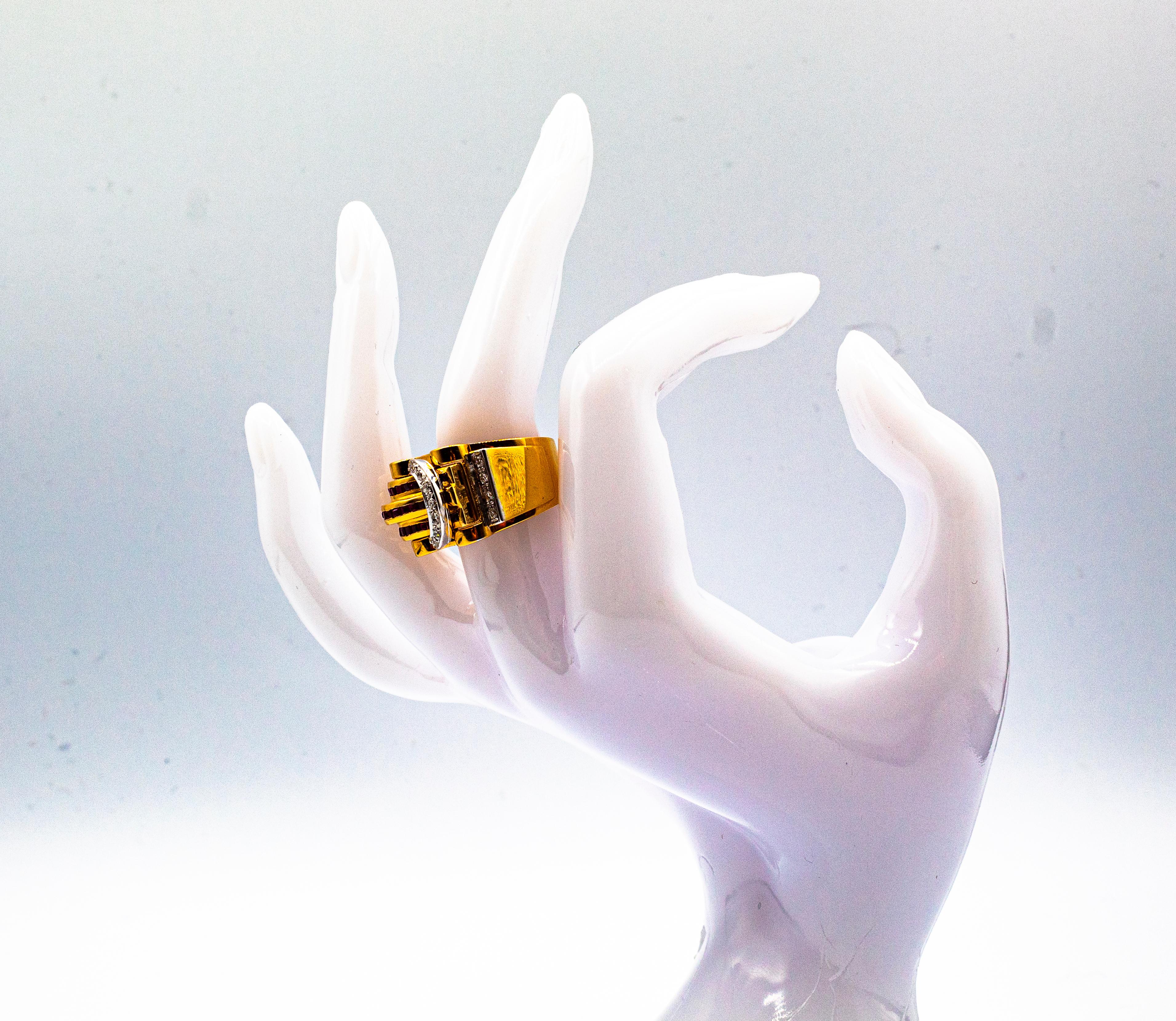 Art Deco Style Carre Cut Ruby White Diamond Yellow Gold 