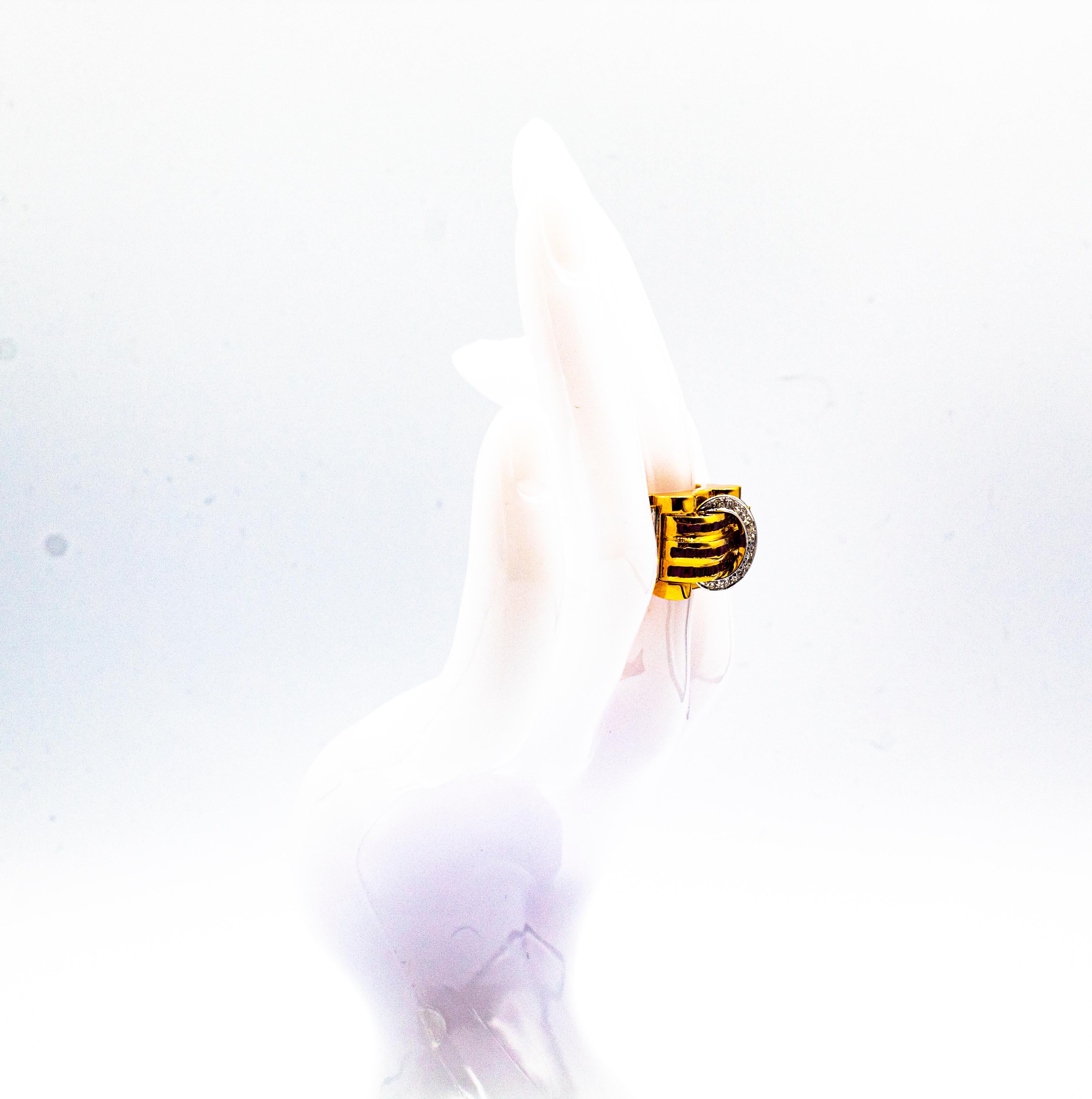 Art Deco Style Carre Cut Ruby White Diamond Yellow Gold 