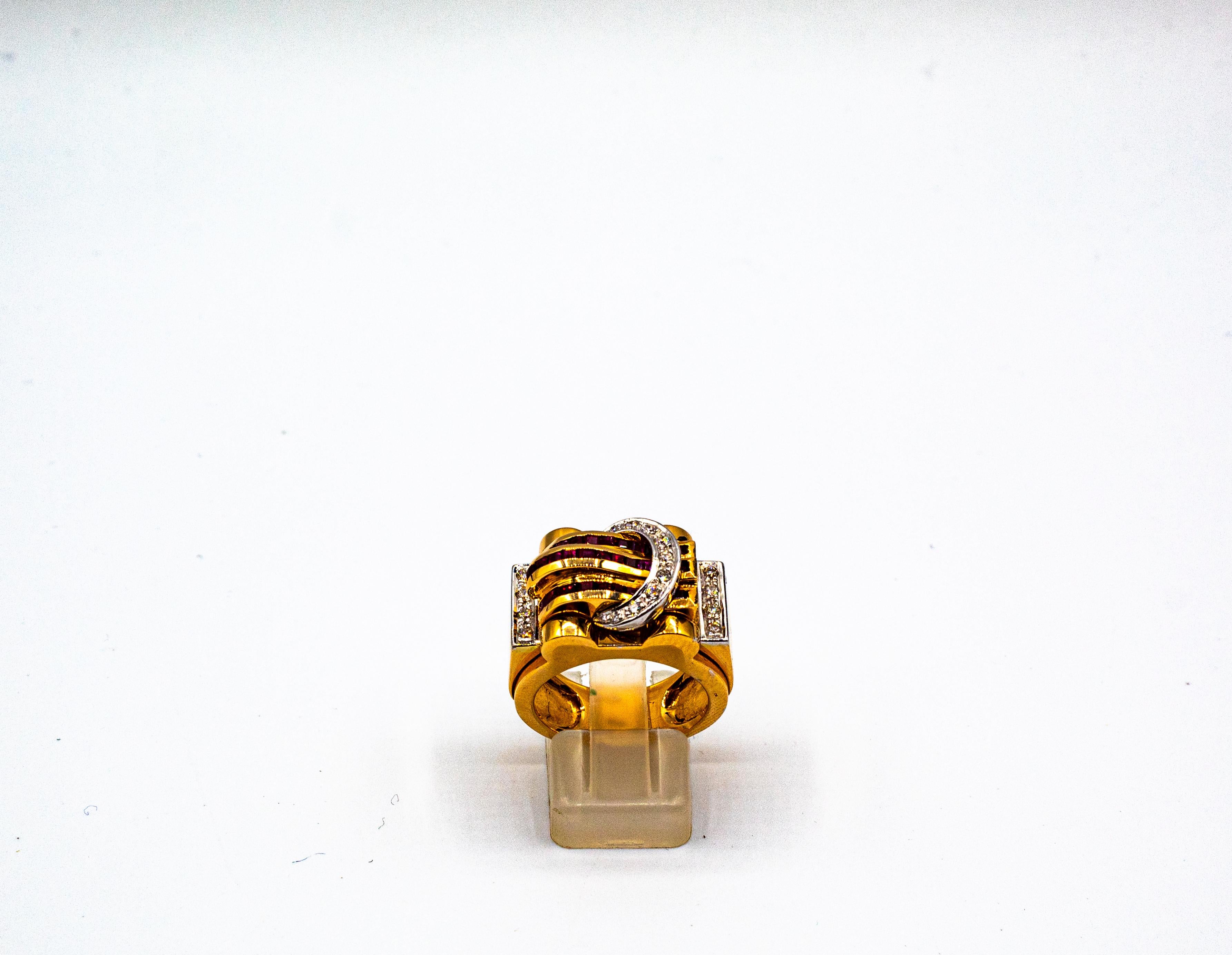 Brilliant Cut Art Deco Style Carre Cut Ruby White Diamond Yellow Gold 
