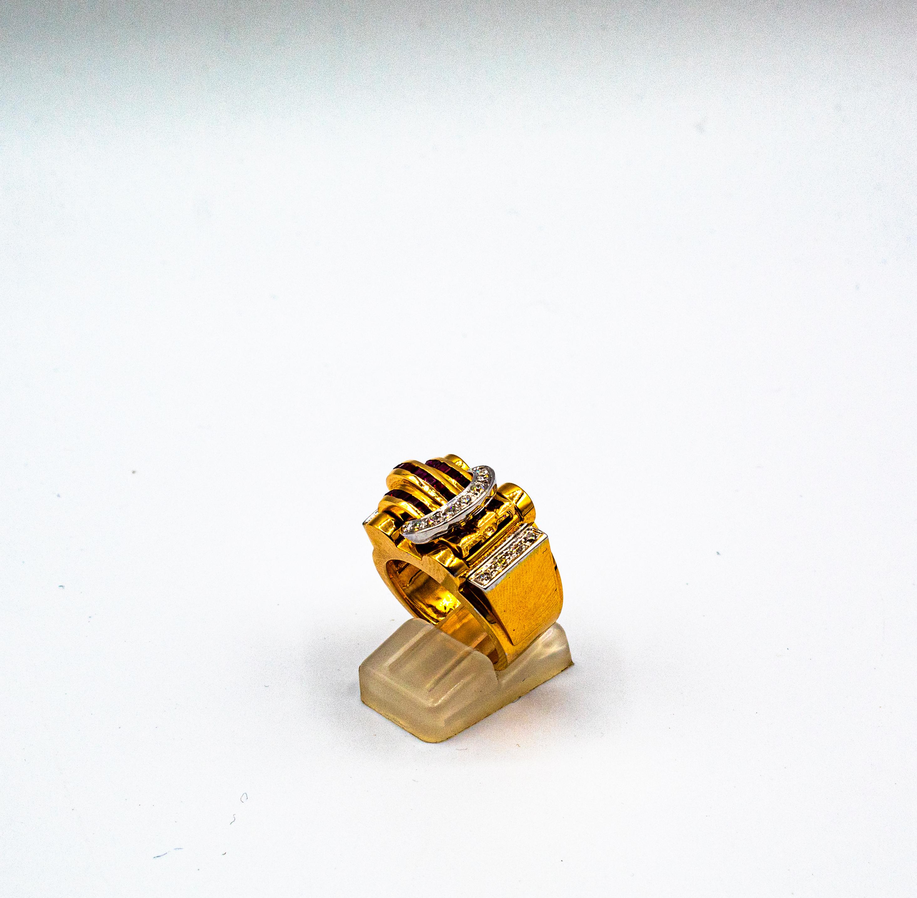 Art Deco Style Carre Cut Ruby White Diamond Yellow Gold 