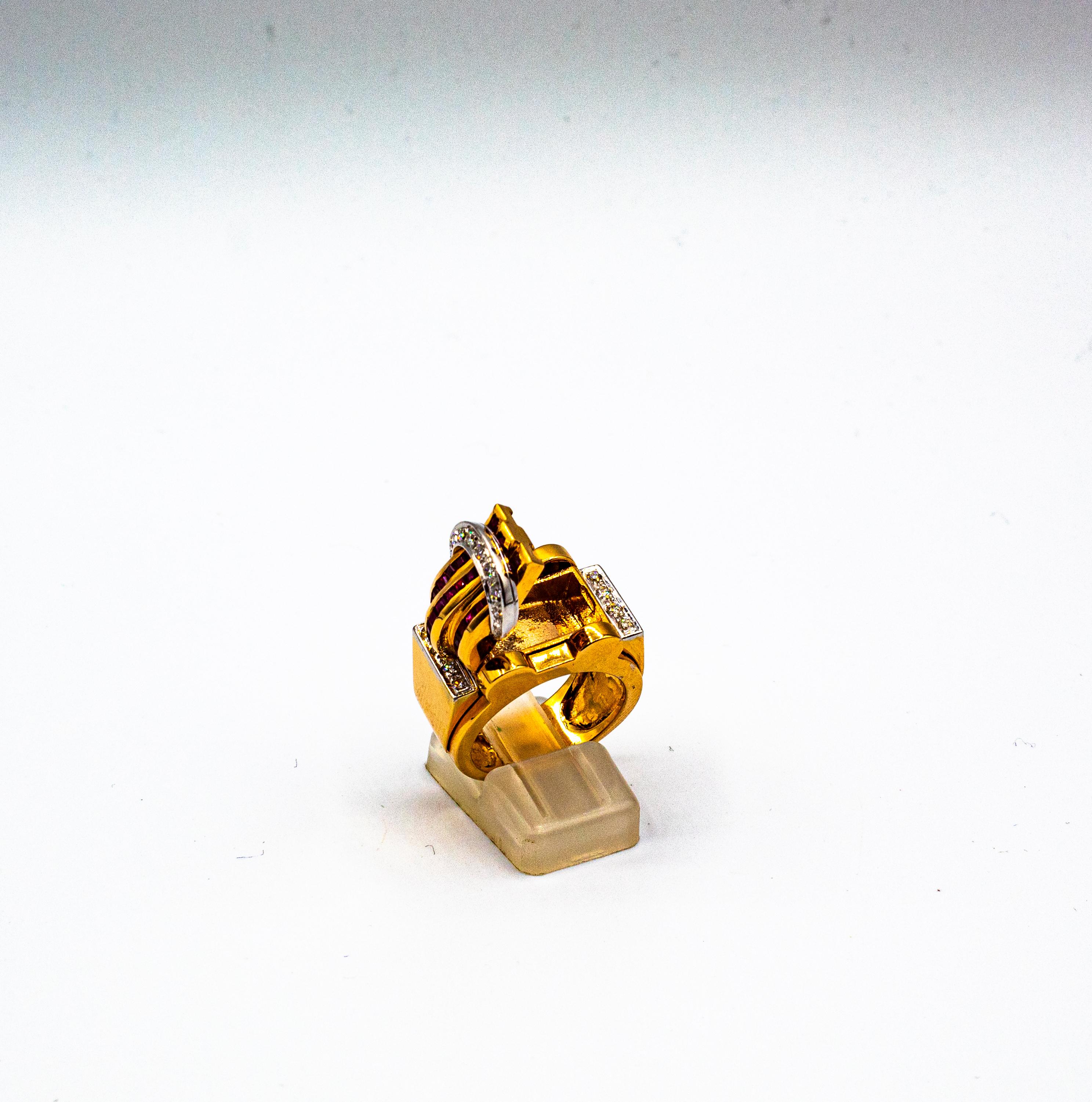 Art Deco Style Carre Cut Ruby White Diamond Yellow Gold 