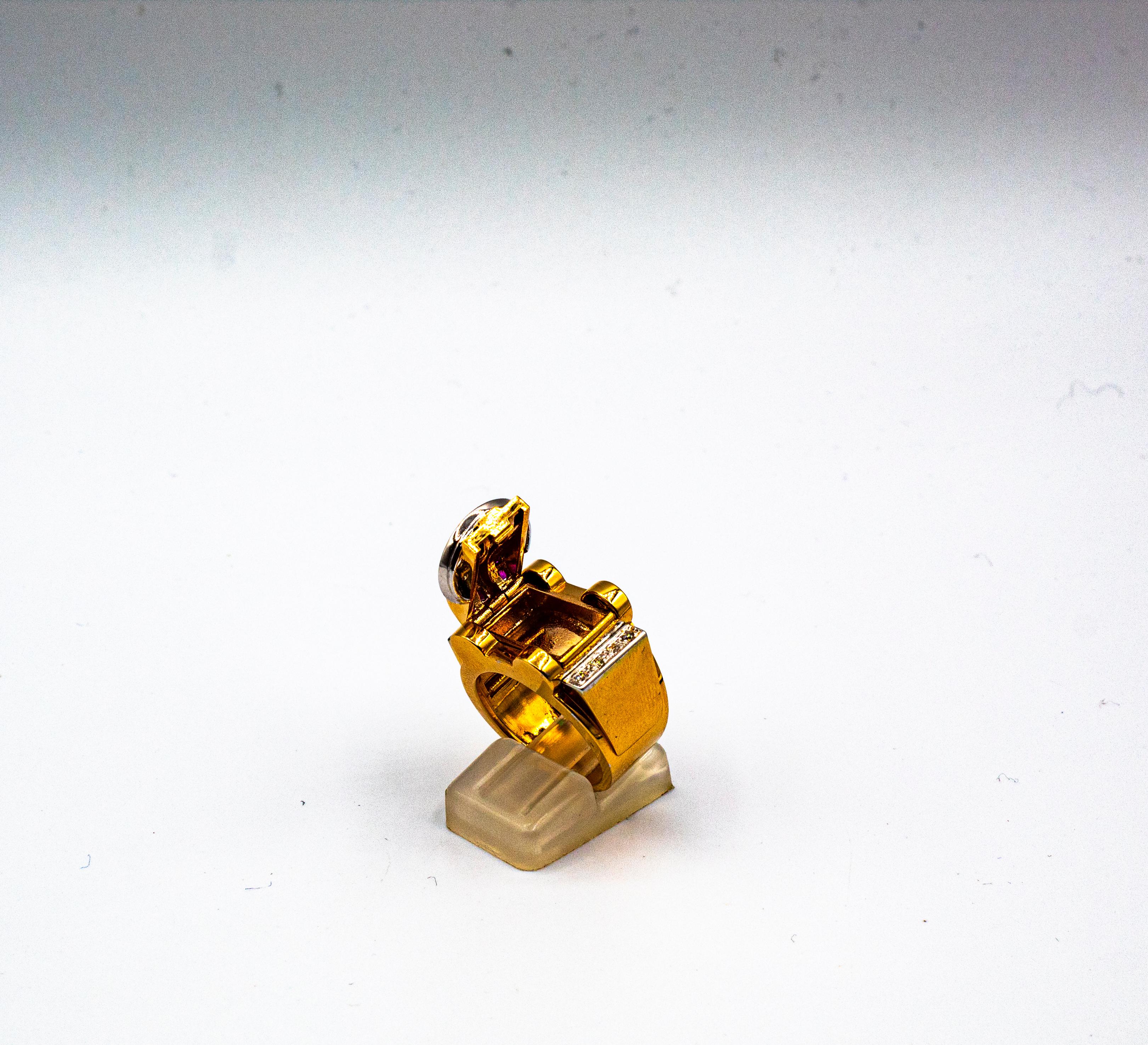 Art Deco Style Carre Cut Ruby White Diamond Yellow Gold 