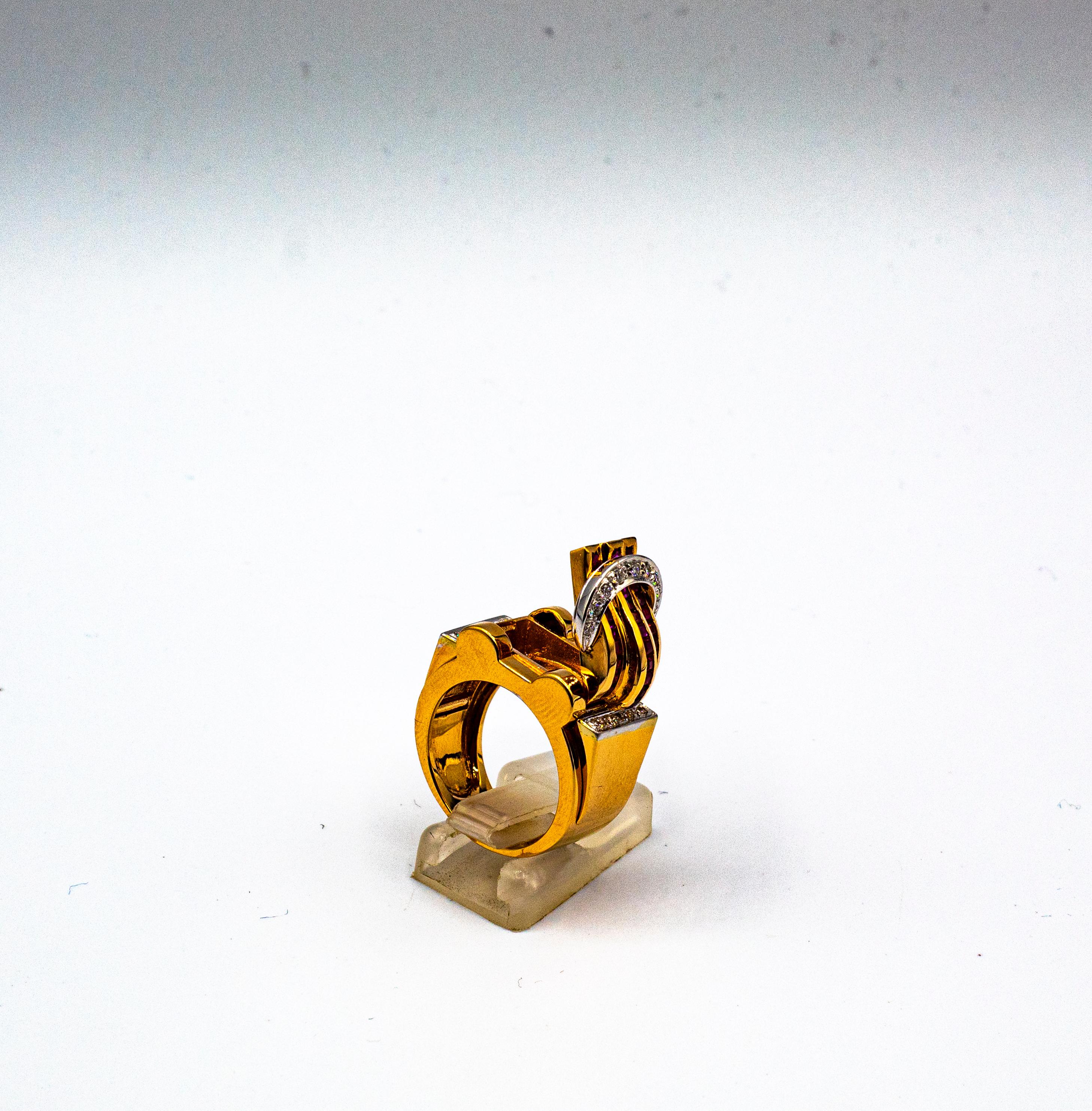 Art Deco Style Carre Cut Ruby White Diamond Yellow Gold 