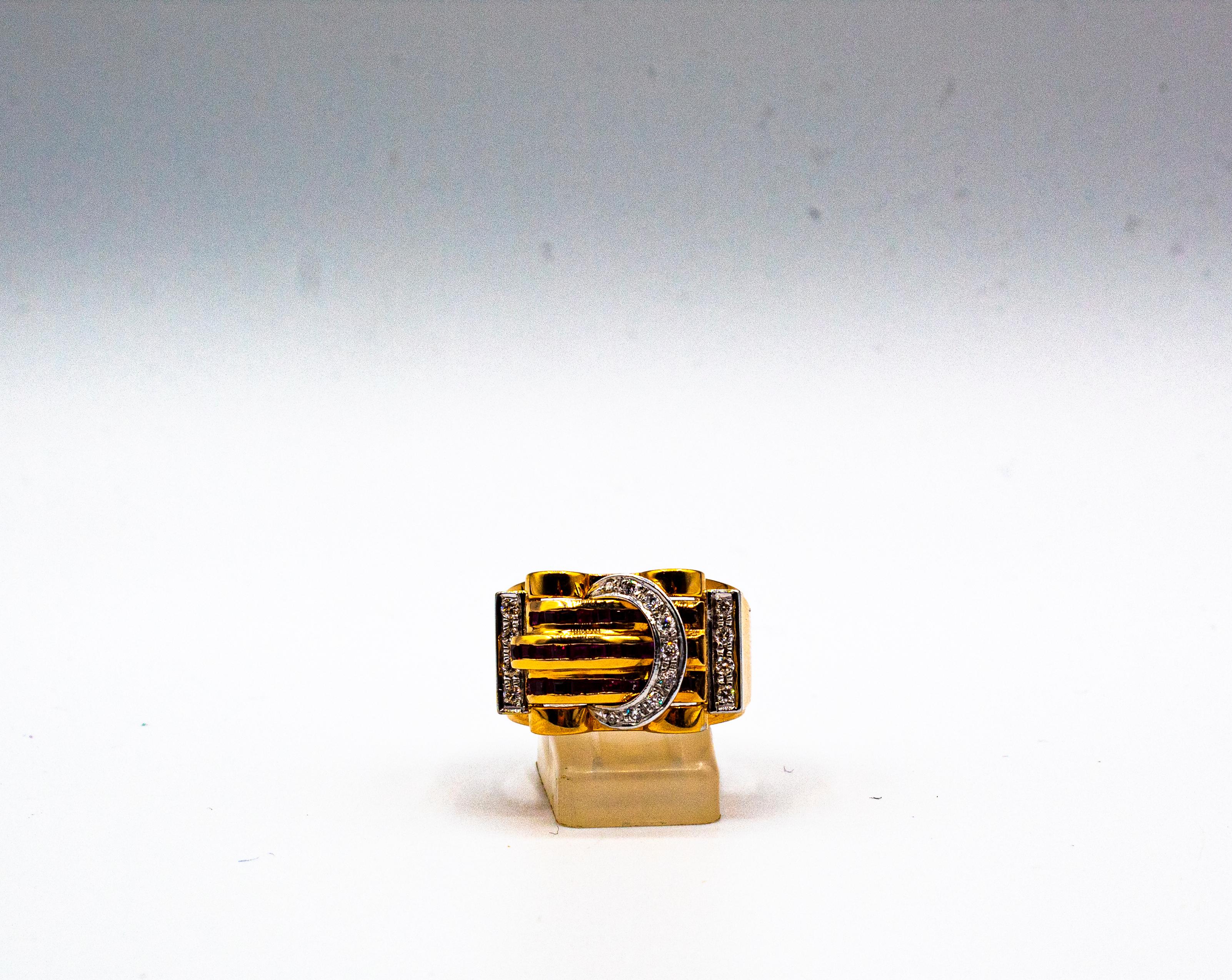 Art Deco Style Carre Cut Ruby White Diamond Yellow Gold 