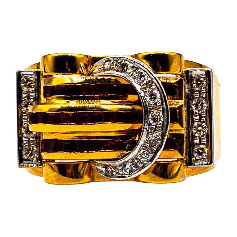 Art Deco Style Carre Cut Ruby White Diamond Yellow Gold "Poison" Ring For Sale