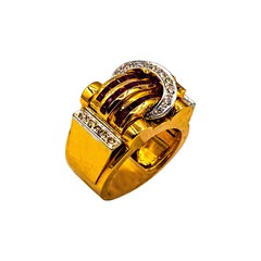 Art Deco Style Carre Cut Ruby White Diamond Yellow Gold "Poison" Ring