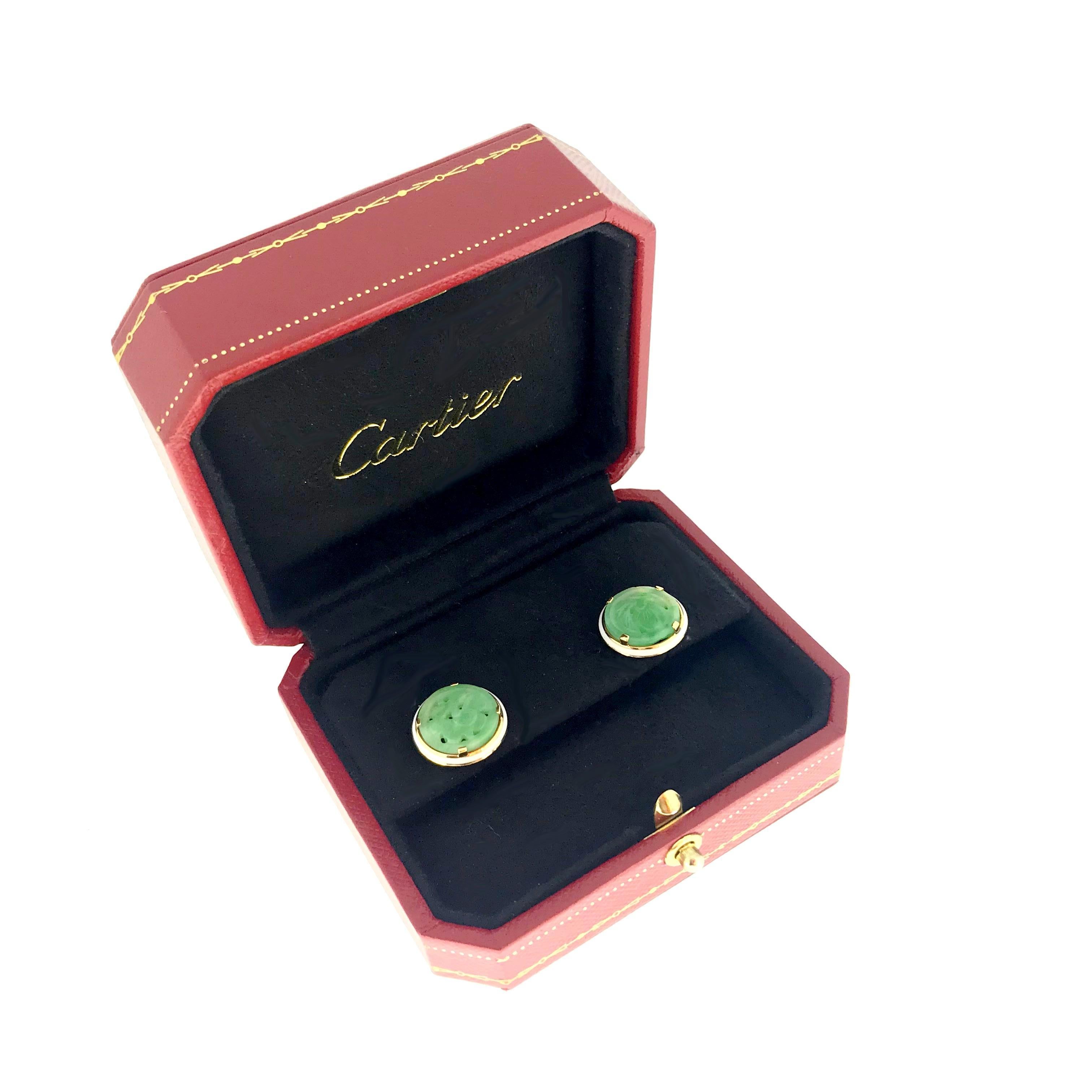 Art Deco Style Cartier New York Carved Jade Enamel Yellow Gold Earrings 4