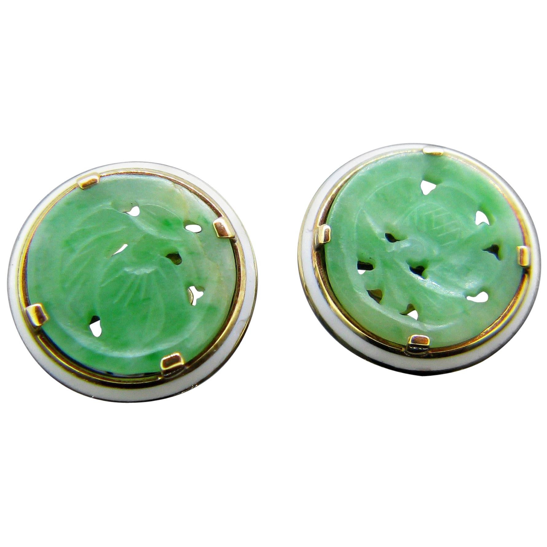 Art Deco Style Cartier New York Carved Jade Enamel Yellow Gold Earrings