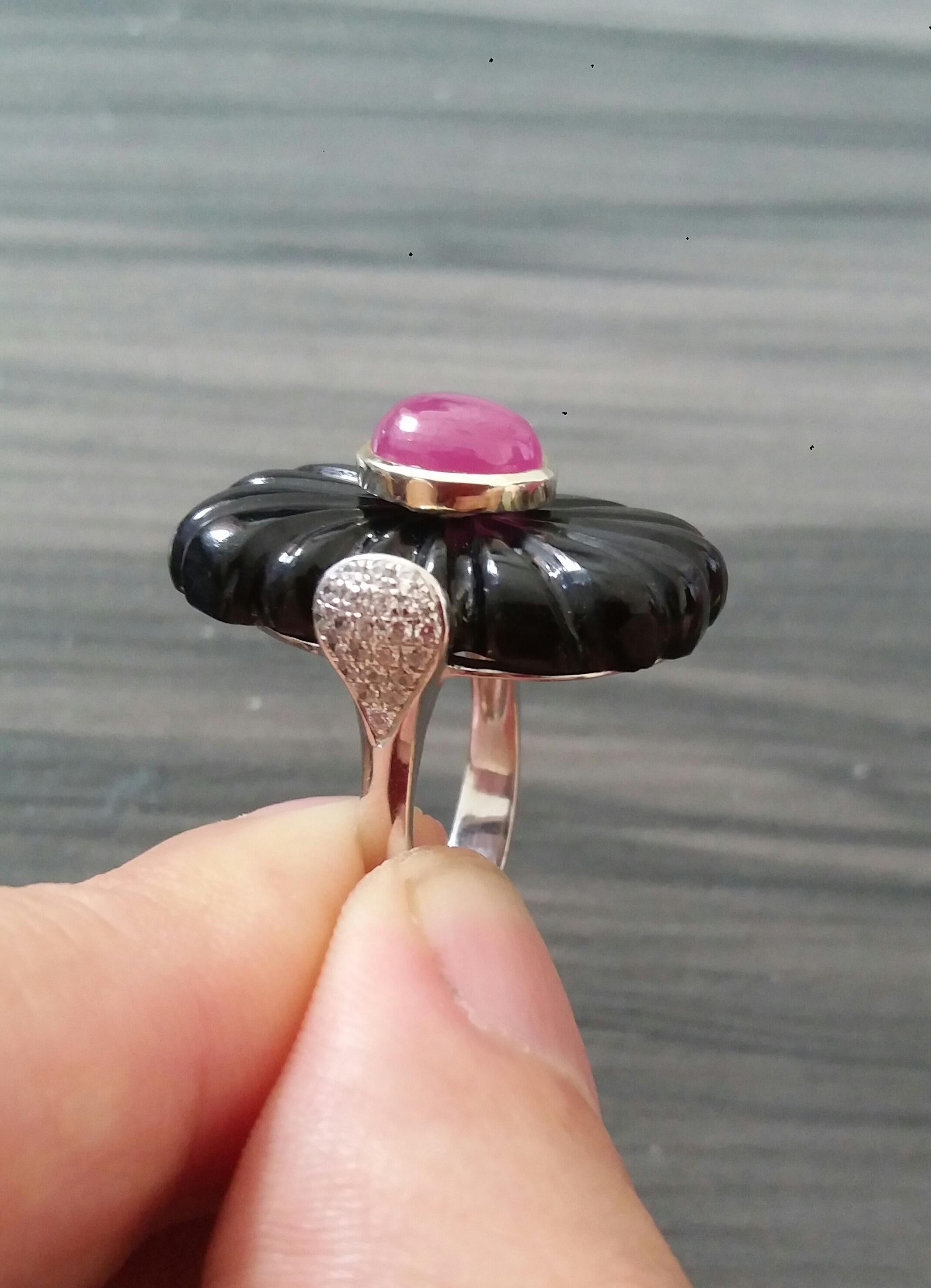Art Deco Style Carved Black Onyx 14k Gold Ruby Cab Diamonds Cocktail Ring For Sale 5