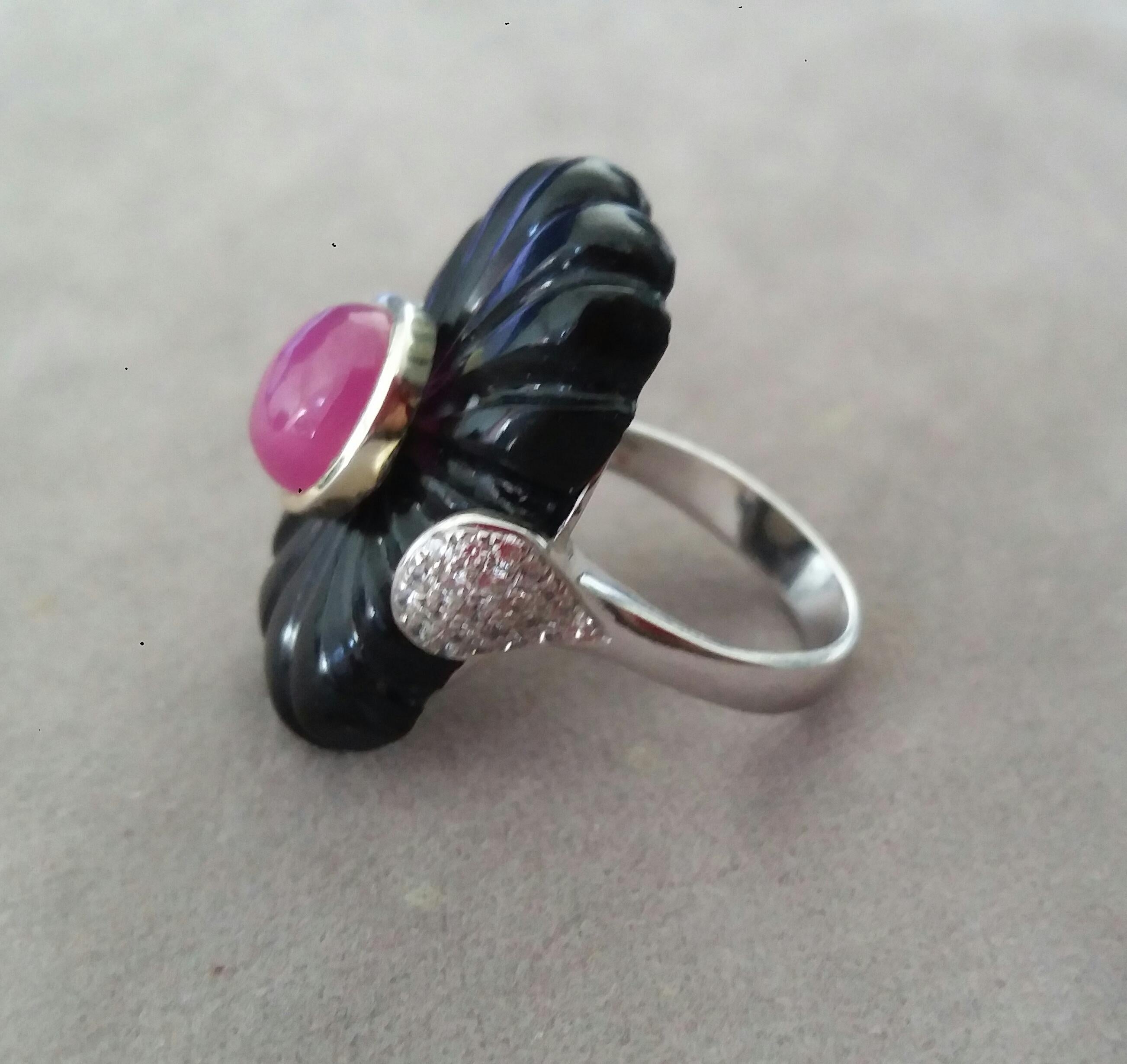 Mixed Cut Art Deco Style Carved Black Onyx 14k Gold Ruby Cab Diamonds Cocktail Ring For Sale