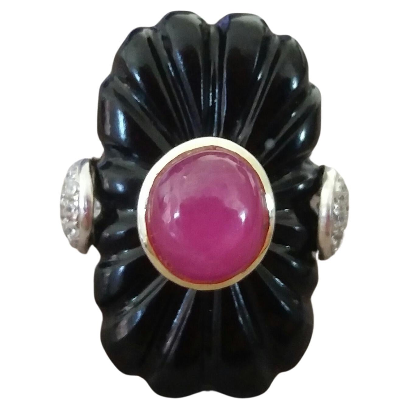 Art Deco Style Carved Black Onyx 14k Gold Ruby Cab Diamonds Cocktail Ring For Sale