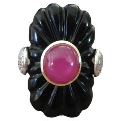 Art Deco Style Carved Black Onyx 14k Gold Ruby Cab Diamonds Cocktail Ring