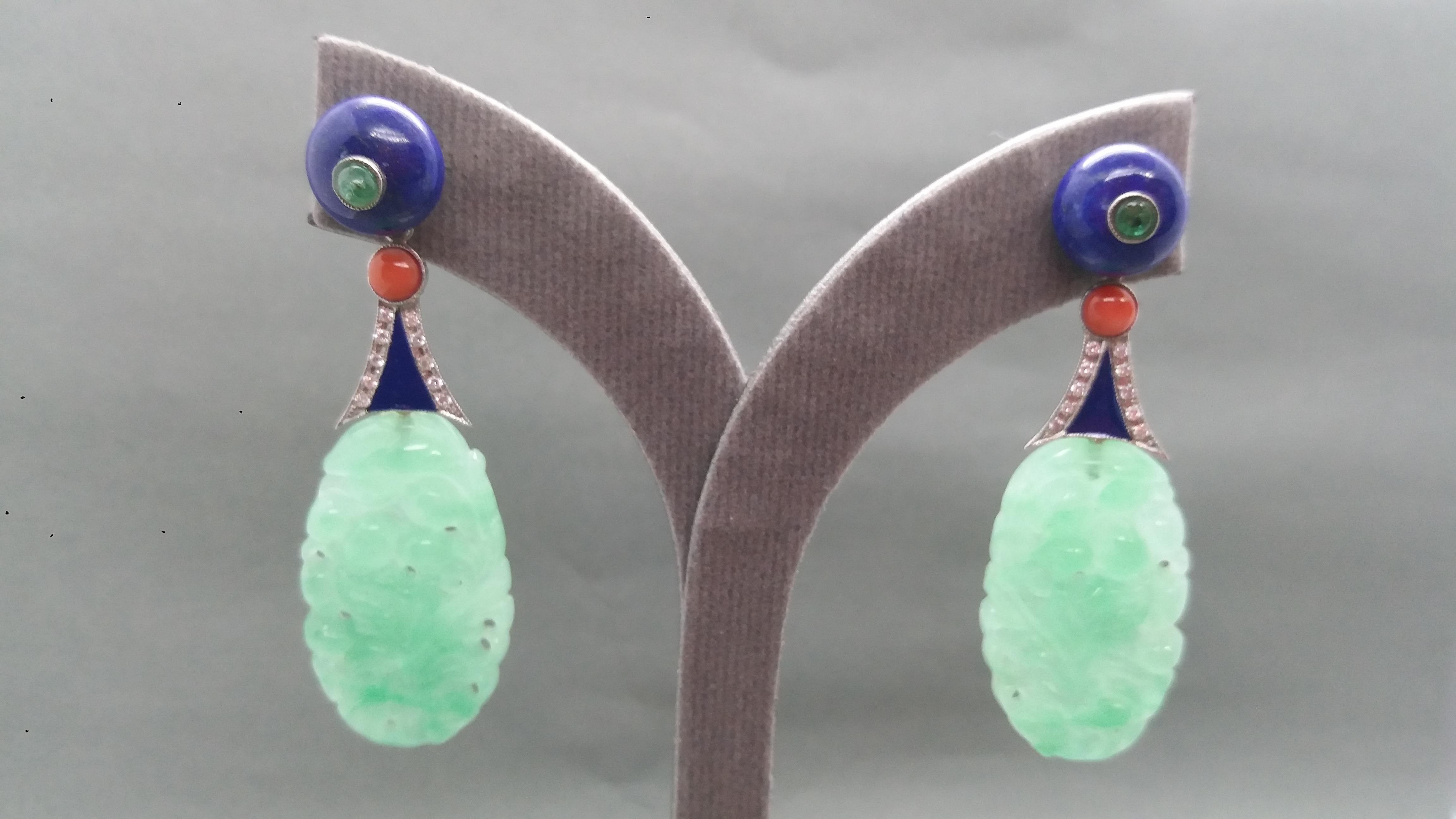 Art Deco Style Carved Burma Jade Lapis Lazuli Gold Enamel Earrings For Sale 5