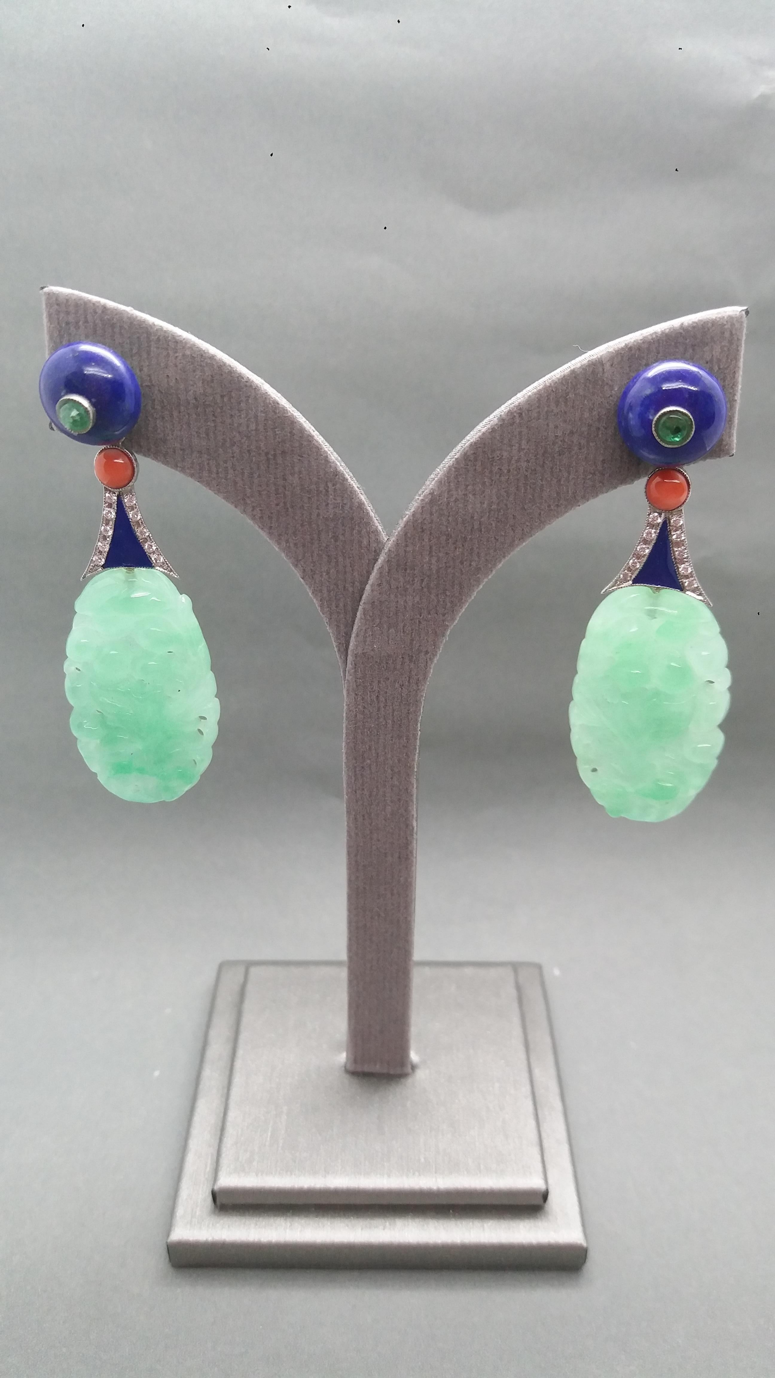 Art Deco Style Carved Burma Jade Lapis Lazuli Gold Enamel Earrings For Sale 6