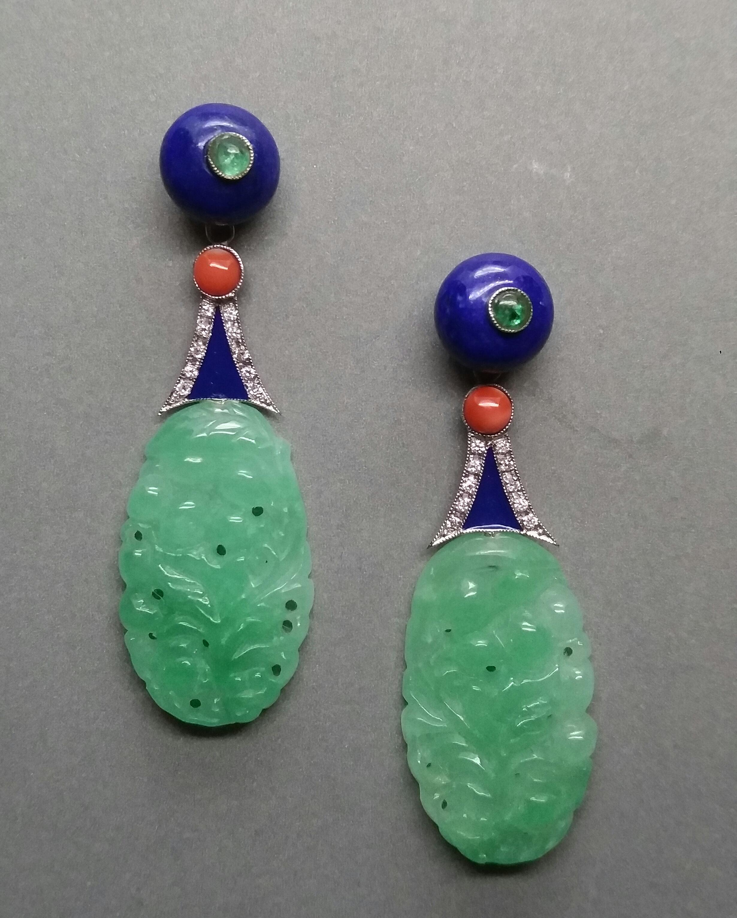 Art Deco Style Carved Burma Jade Lapis Lazuli Gold Enamel Earrings For Sale 1