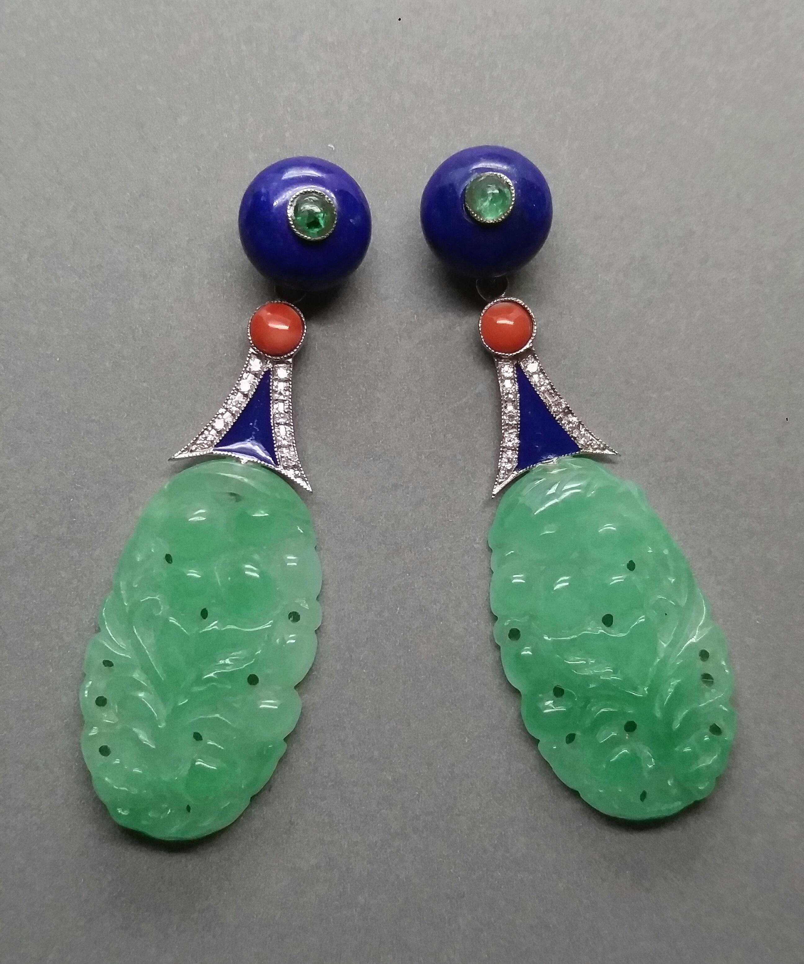 Art Deco Style Carved Burma Jade Lapis Lazuli Gold Enamel Earrings For Sale 2