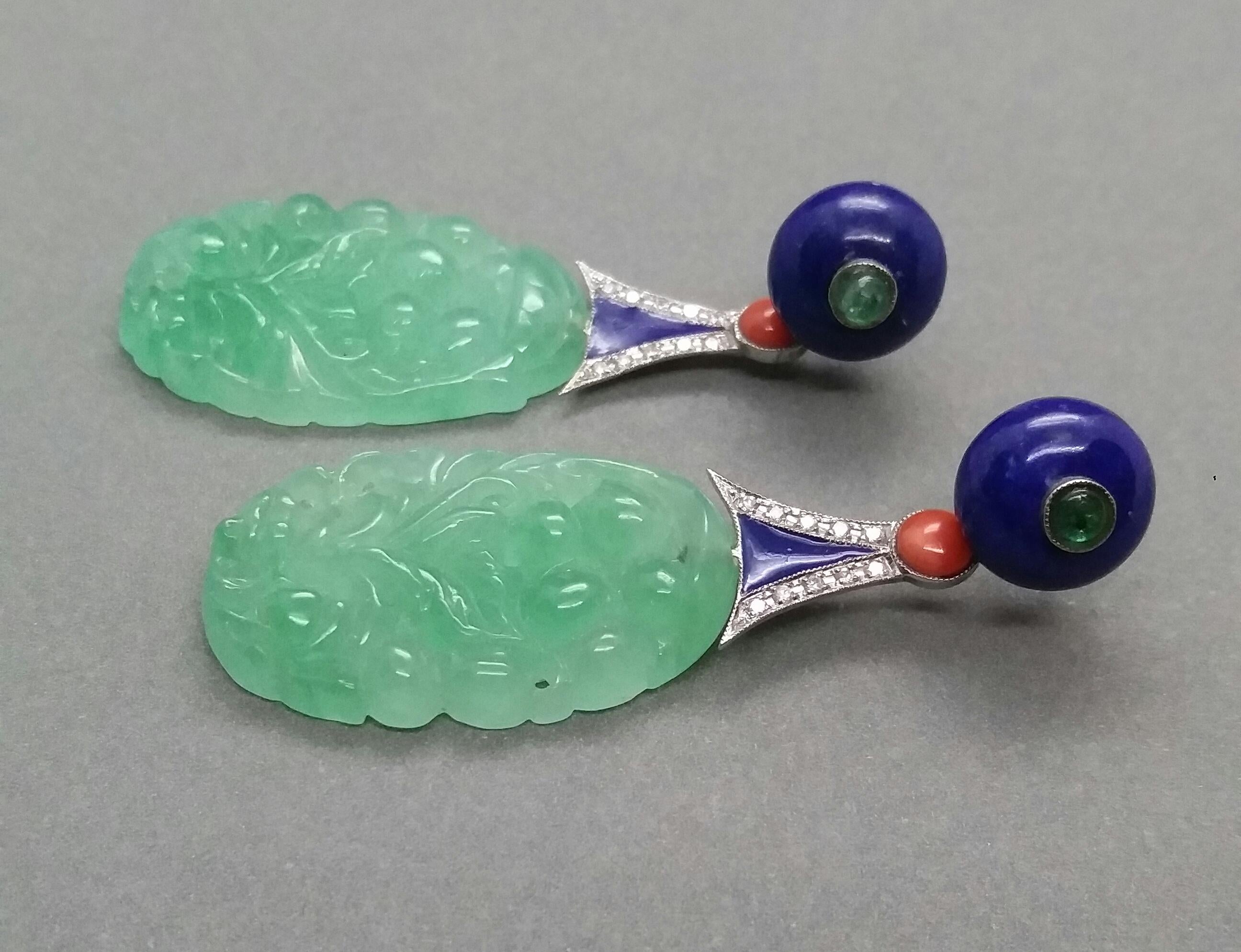 Art Deco Style Carved Burma Jade Lapis Lazuli Gold Enamel Earrings For Sale 3