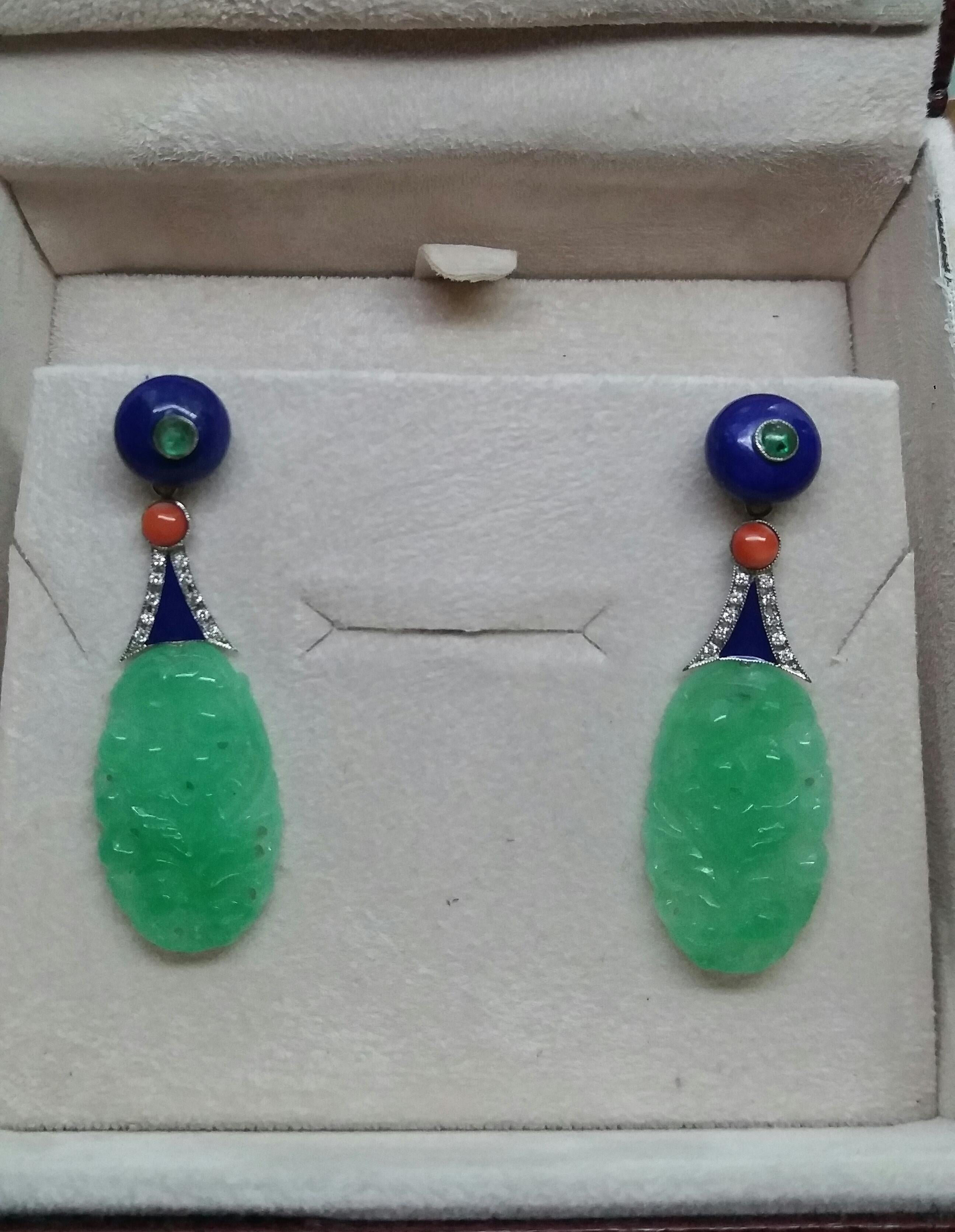 Art Deco Style Carved Burma Jade Lapis Lazuli Gold Enamel Earrings For Sale 4