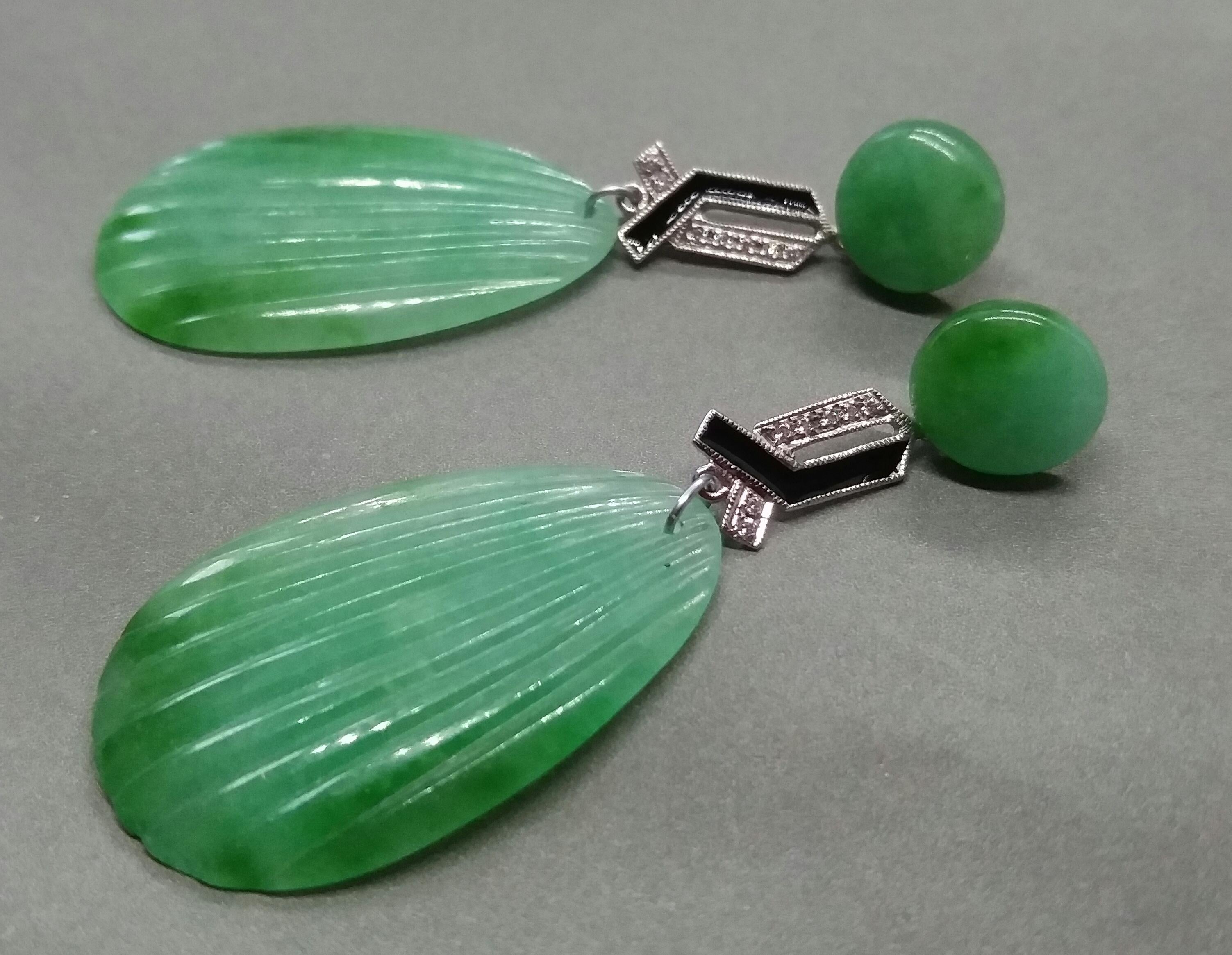 Art Deco Style Carved Burma Jade White Gold Diamonds Black Enamel Drop Earrings In Good Condition For Sale In Bangkok, TH