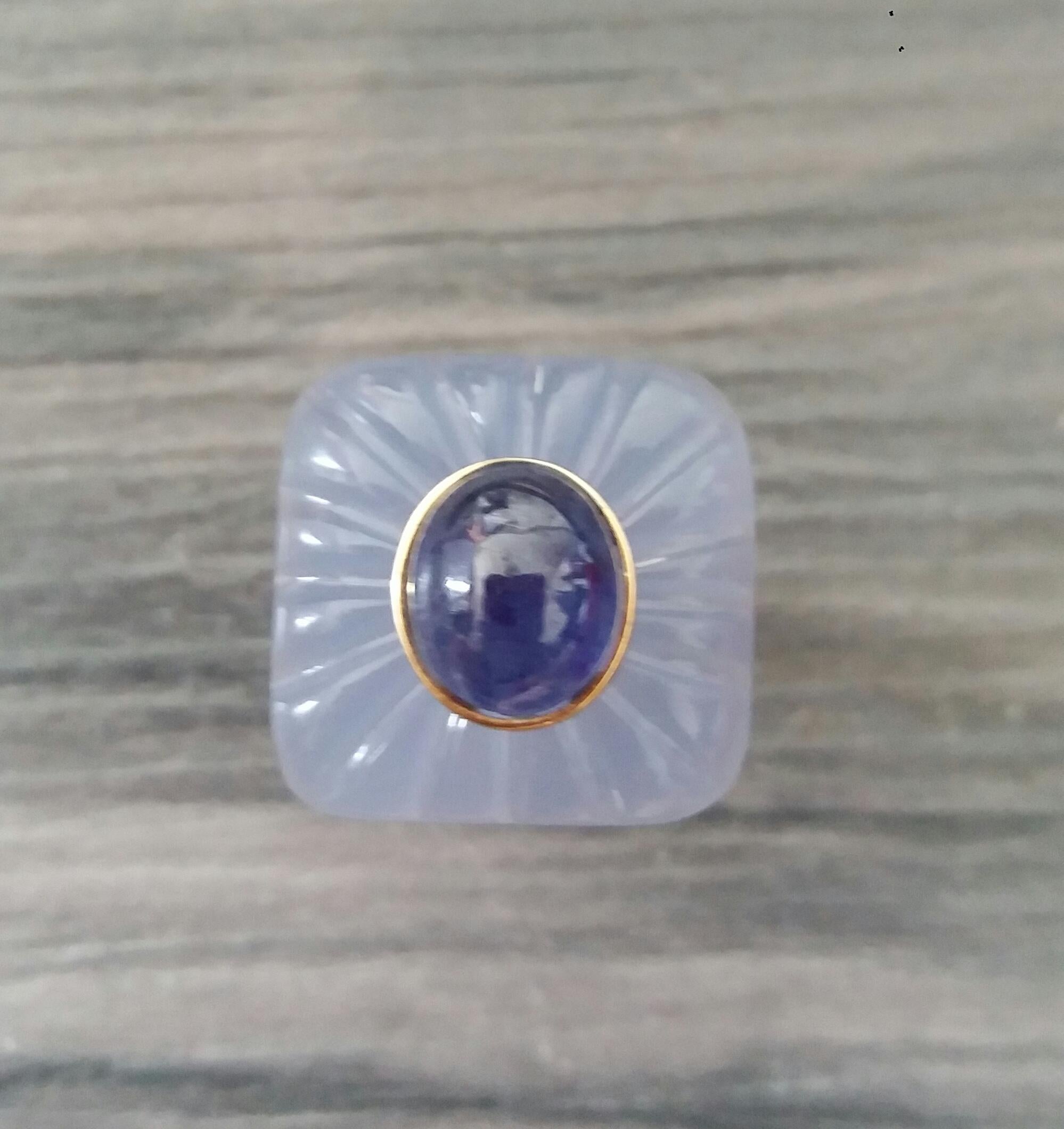 Art Deco Style Carved Chalcedony Cushion Cab Blue Sapphire Gold Cocktail Ring For Sale 5