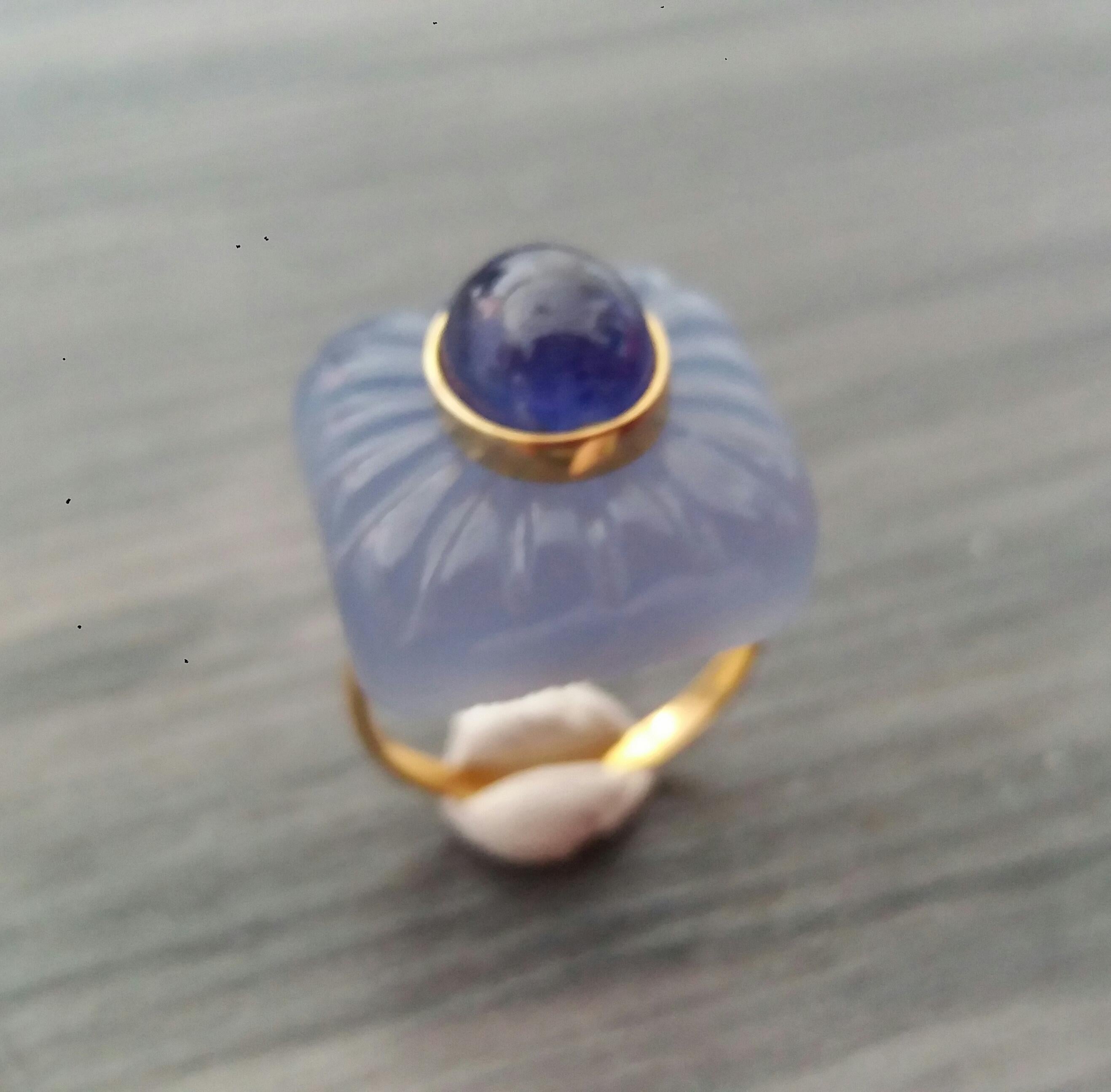 Art Deco Style Carved Chalcedony Cushion Cab Blue Sapphire Gold Cocktail Ring For Sale 6
