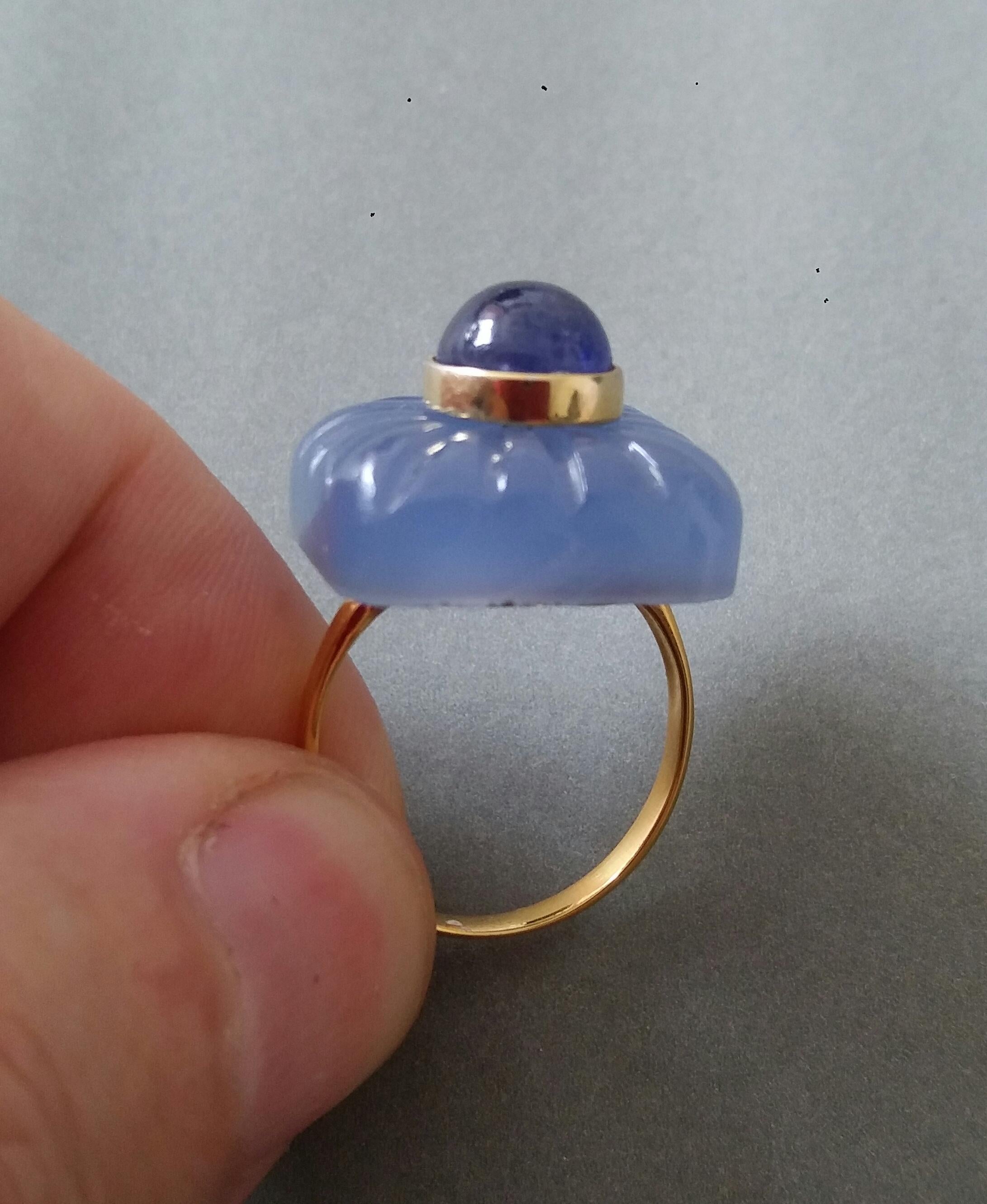 Art Deco Style Carved Chalcedony Cushion Cab Blue Sapphire Gold Cocktail Ring For Sale 9