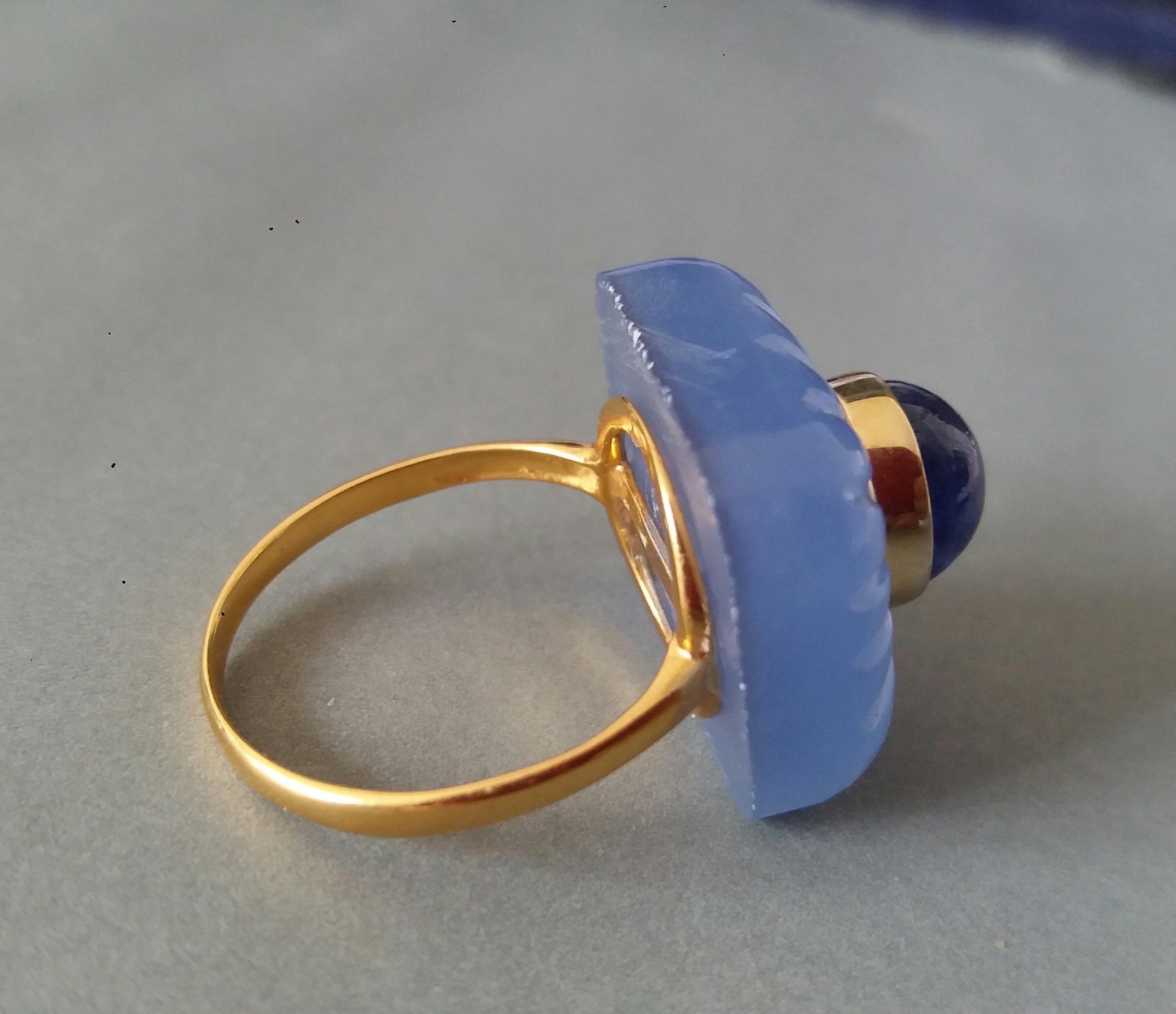 Women's Art Deco Style Carved Chalcedony Cushion Cab Blue Sapphire Gold Cocktail Ring For Sale